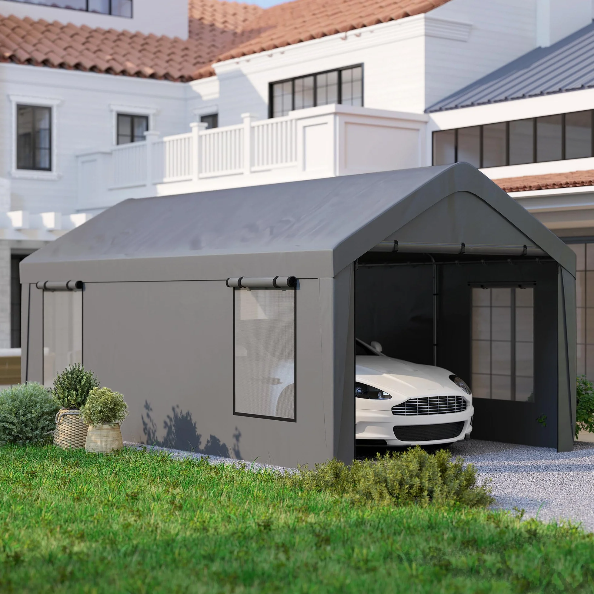 Outsunny Tenda da garage per auto coperto, 3 x 6 m, tenda per esterni con pareti laterali rimovibili e ante scorrevoli, 4 finestre