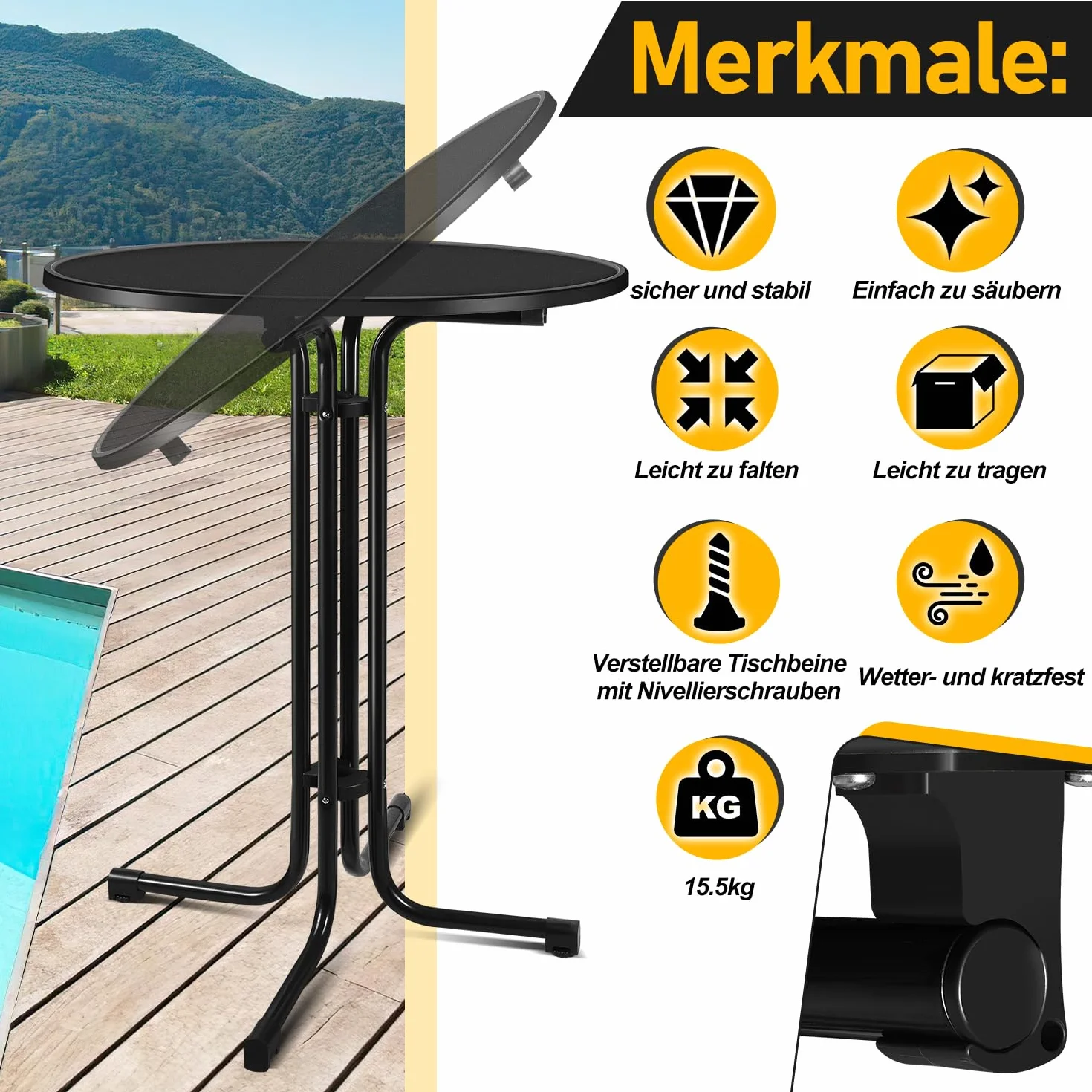 Sonnewelt Tavolo pieghevole Ø 80 cm con rivestimento – Tavolo rotondo per feste per interni ed esterni, altezza 110 cm, resistente alle intemperie, piedini regolabili in altezza, nero