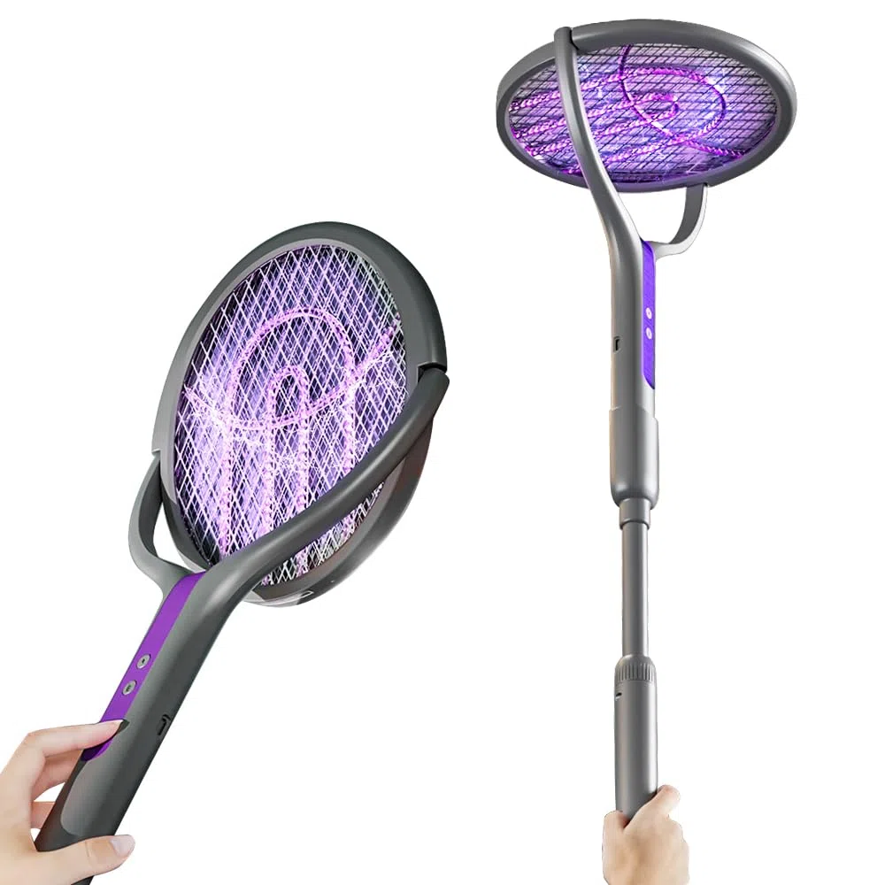 Scacciamosche elettrico 2800V 6 in 1 con testa rotante ricaricabile asta telescopica trappola insetti USB