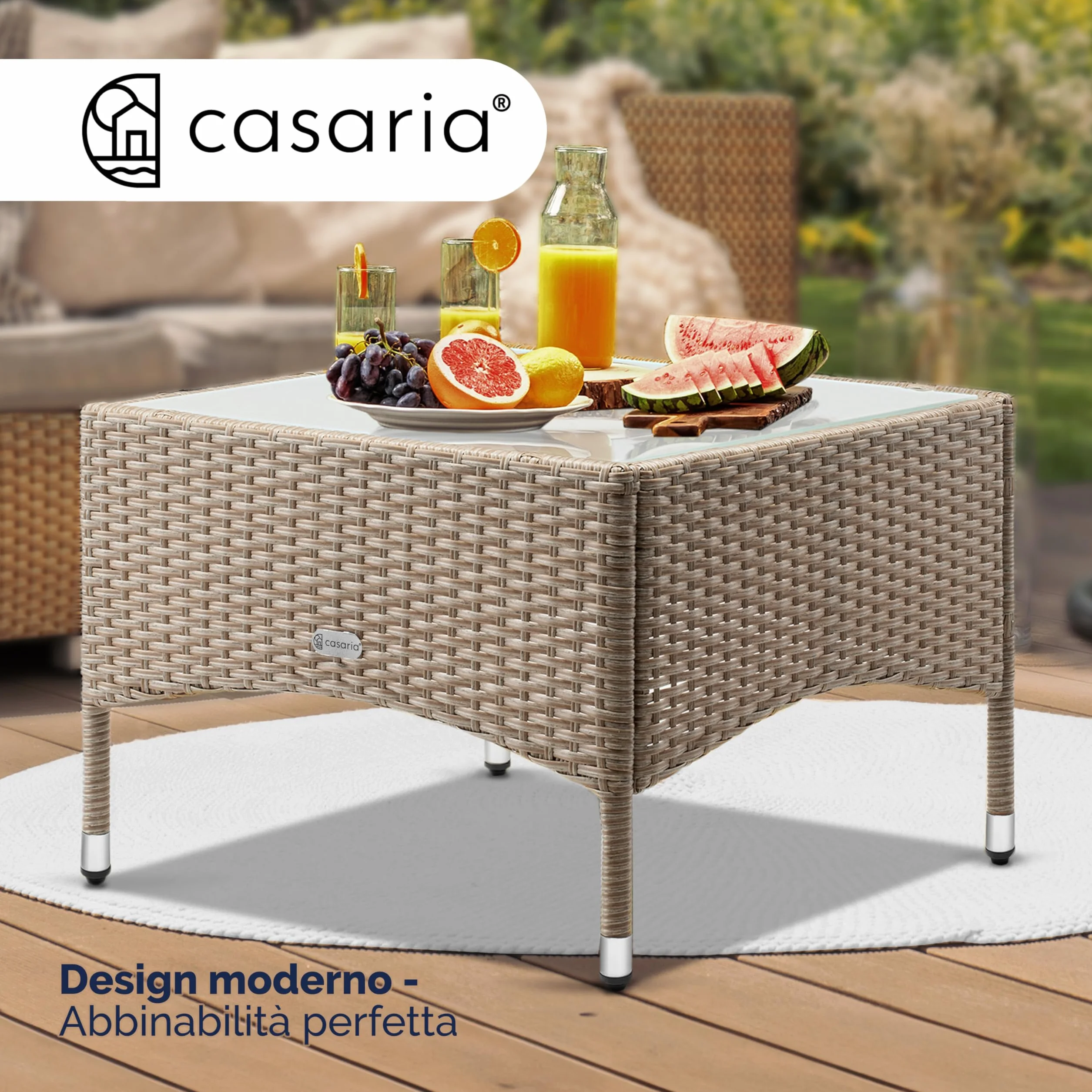 Casaria Tavolino da Giardino Esterno in Polyrattan 58x58x42cm Tavolo Basso da Caffè Quadrato Vetro