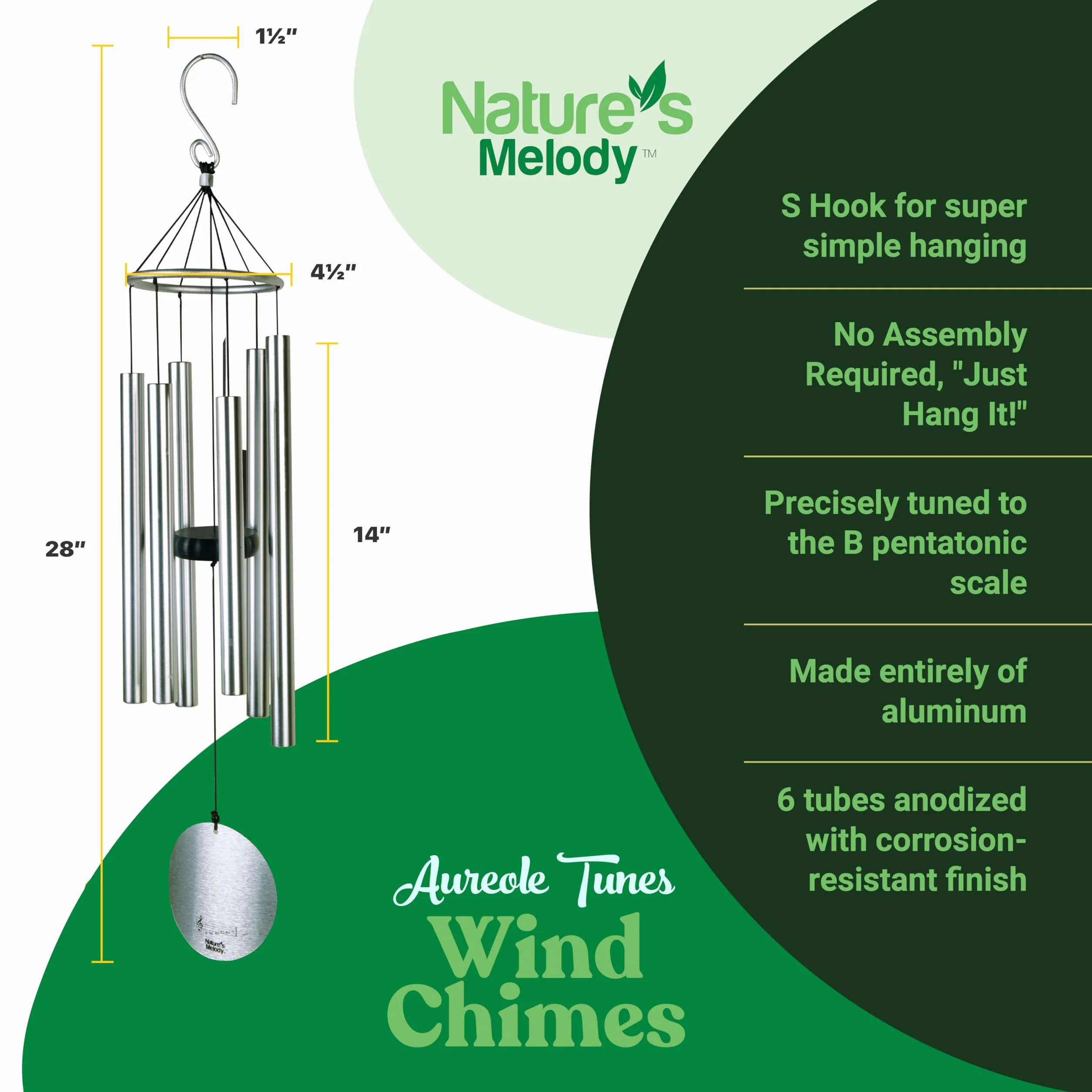 Nature's Melody Aureole Tunes - Campane a vento da esterno con 6 tubi sintonizzati su scala pentatonica Si, 100% alluminio antiruggine, finitura a polvere e gancio a S per appenderlo, regalo