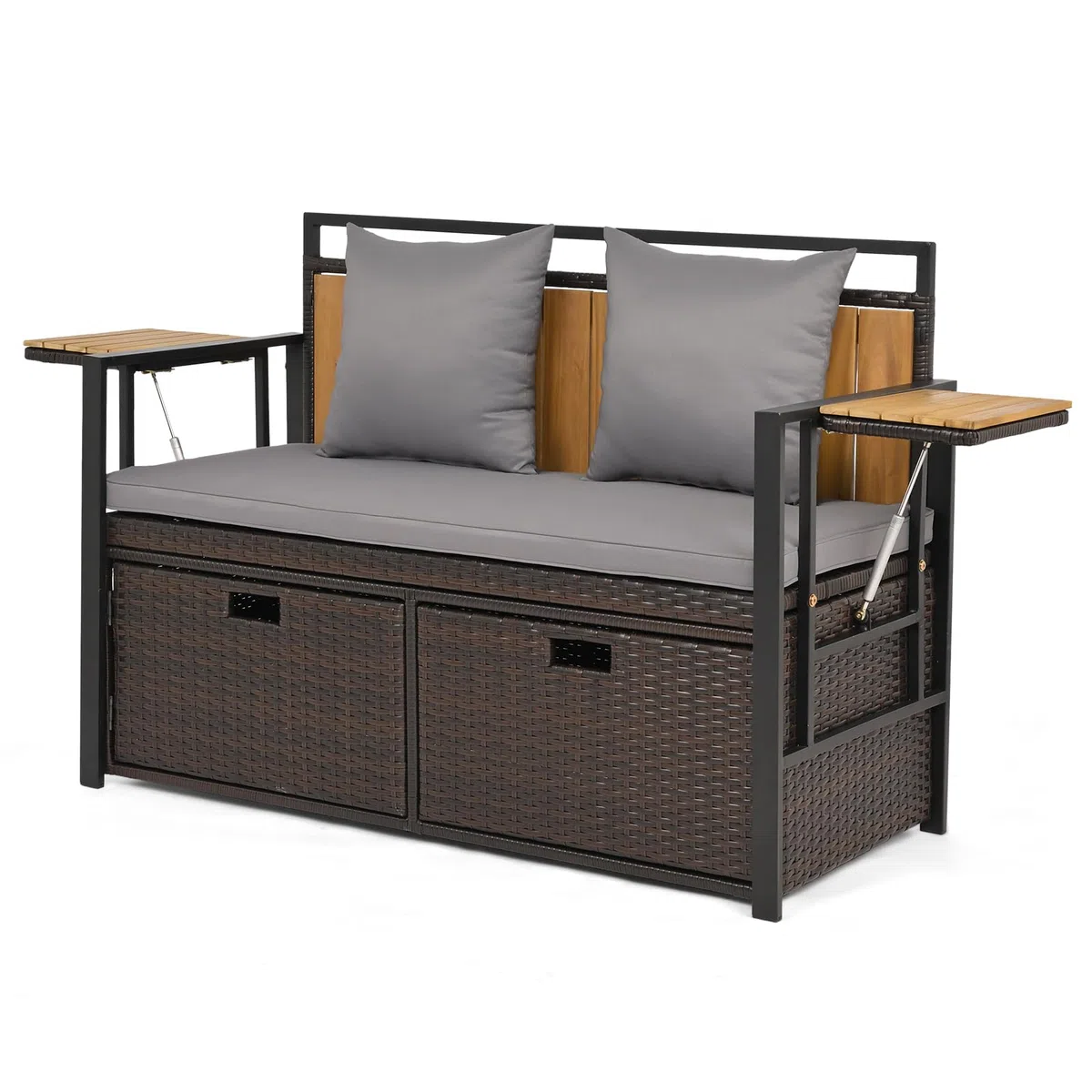 SOARS Divano da Giardino 2 Posti, Panchina da Esterno in Rattan PE con Contenitore, Cuscini Imbottiti e Tavolini Pieghevoli, Salotto da Giardino per Balcone e Terrazza, 120 x 51 x 82 cm (Grigio)