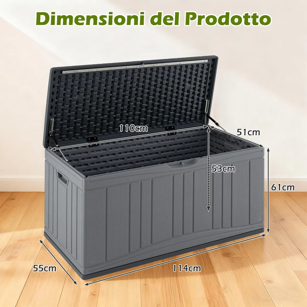 COSTWAY Baule da Esterno 300L Impermeabile in Resina, Cassapanca Contenitore da Esterno con Pistoni a Gas, Predisposizione per Serratura e 2 Maniglie Laterali, Resistente, 114 x 55 x 61 cm (Grigio)