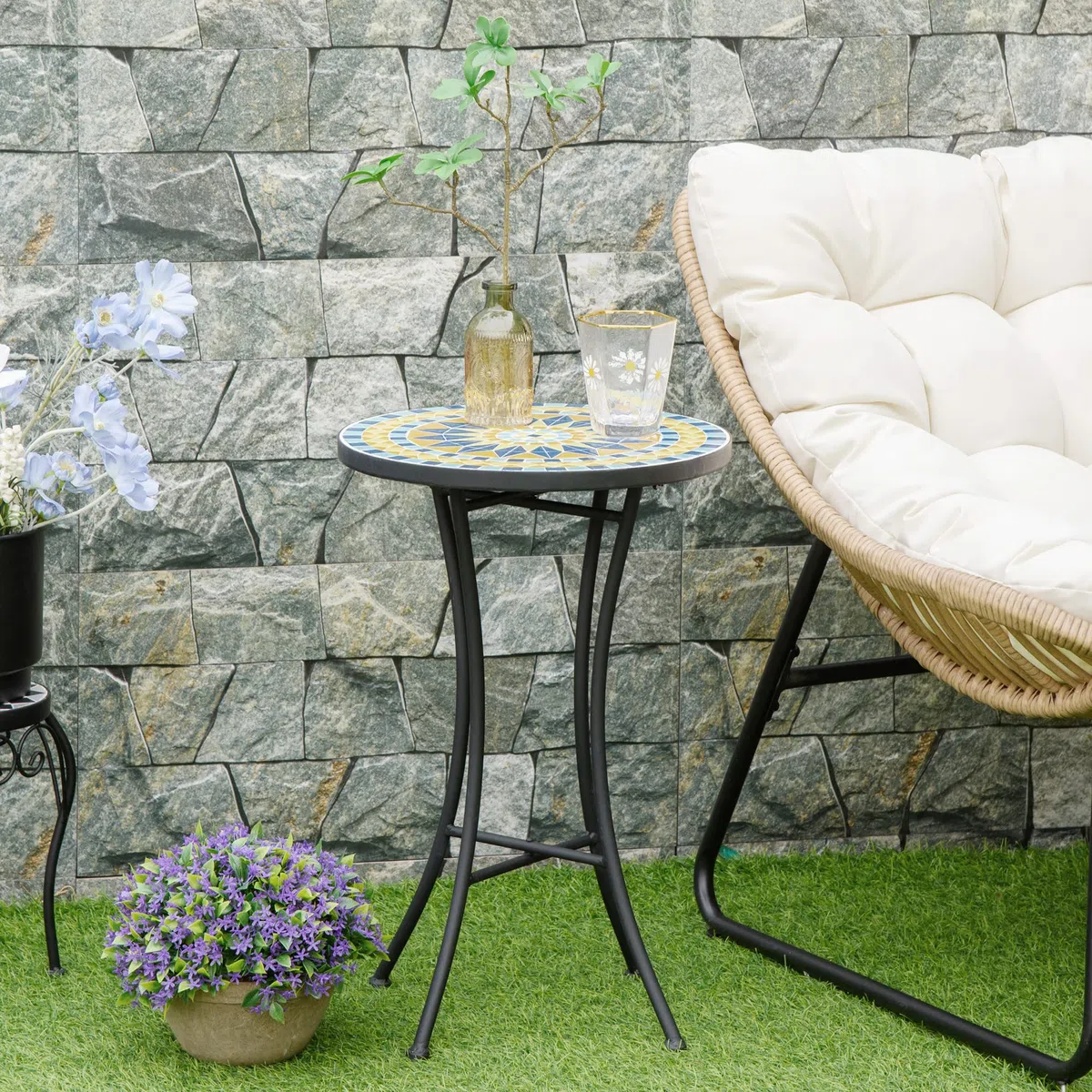 Outsunny Tavolino da Giardino in Metallo con Piano a Mosaico in Ceramica 35.5x53.5cm Multicolore