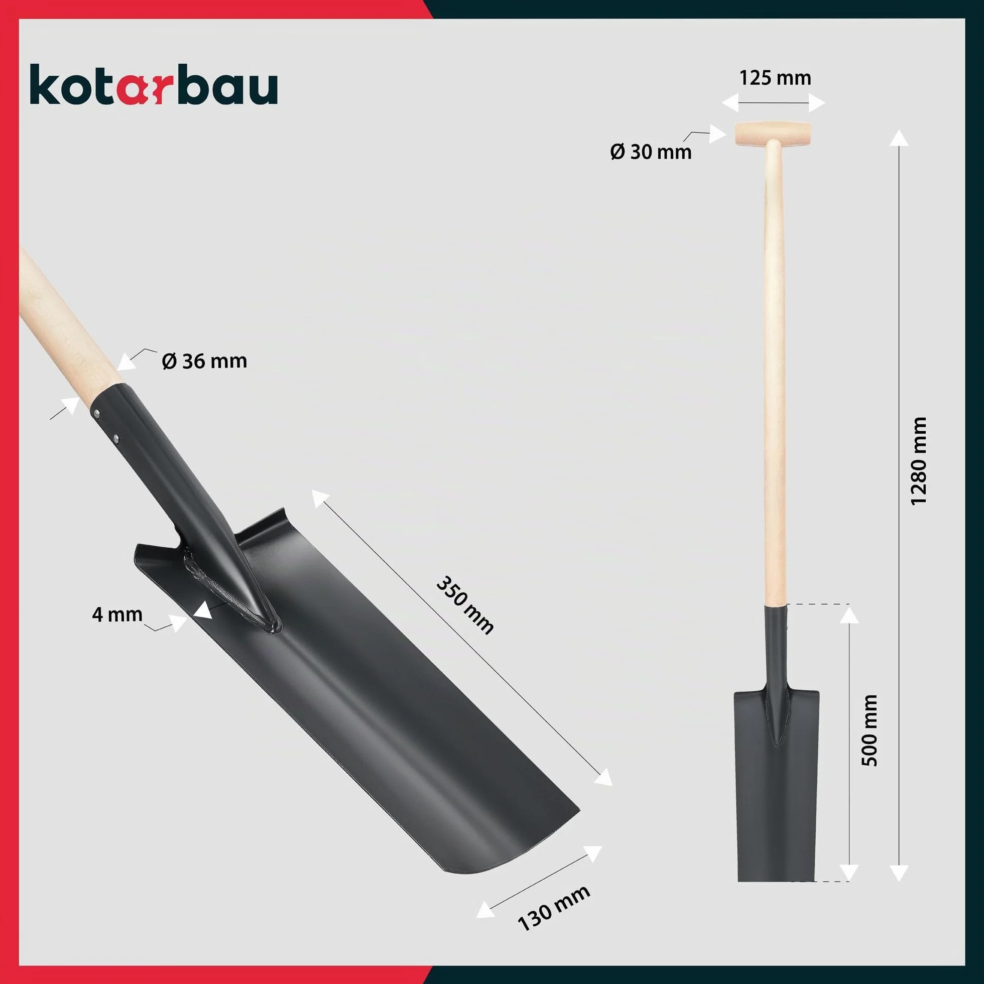 KOTARBAU® Vanga di drenaggio 380 x 147 mm per manico di 38 mm diametro lama in acciaio lunga stretta per trapiantare con manico in legno