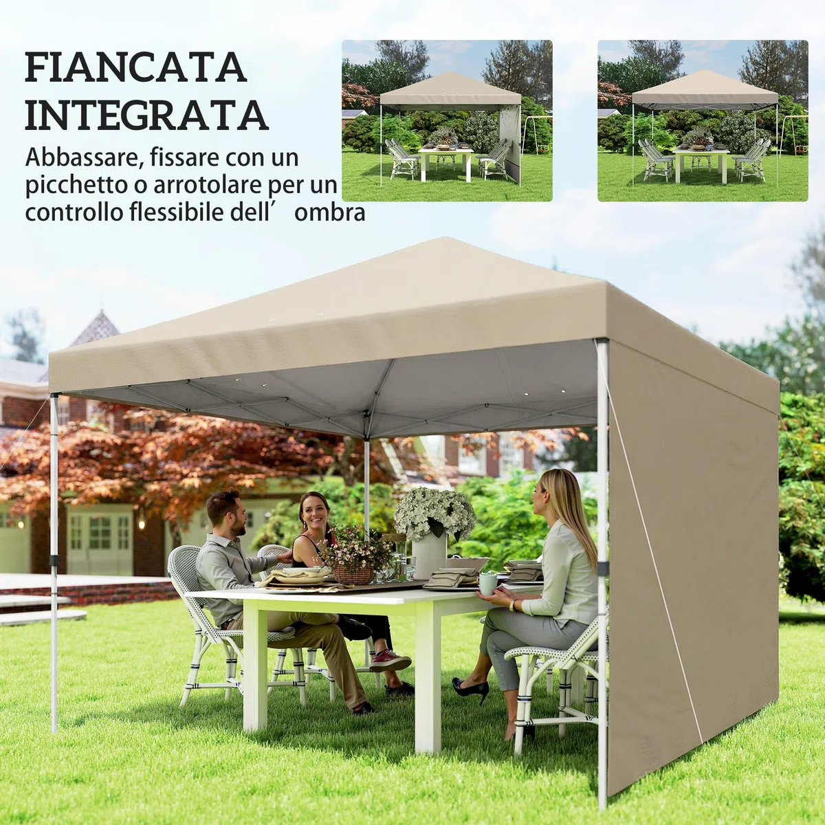 Outsunny Gazebo Pieghevole 3x3m Pop Up con Parete Laterale, Altezza Regolabile, UV50+, Beige