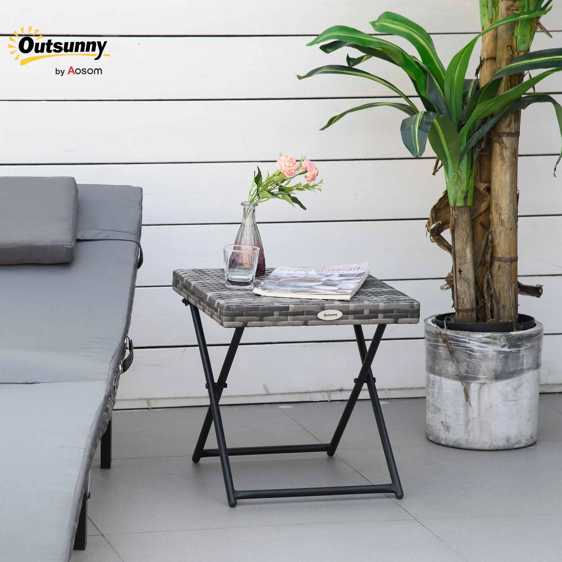 Outsunny Tavolino da Giardino Pieghevole in Rattan Sintetico e Acciaio 40x40x40cm Grigio