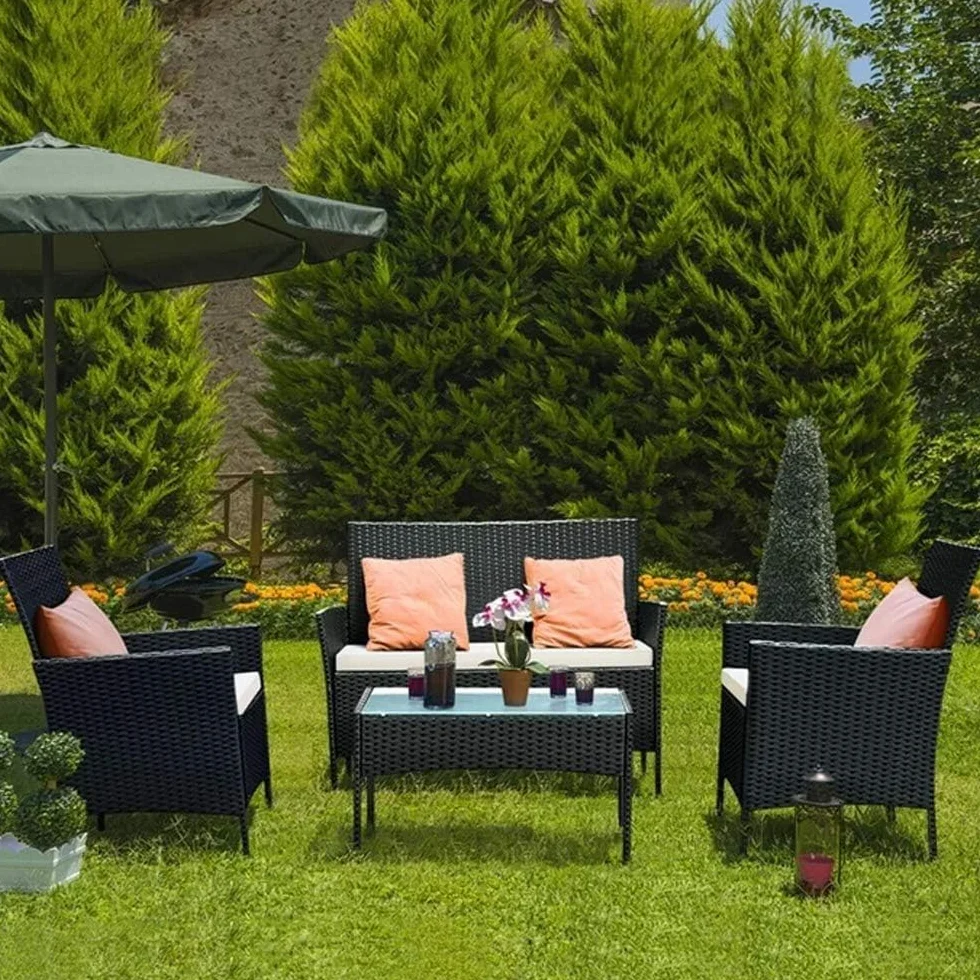 Bigzzia Set da Giardino in Rattan 4 Pezzi Mobili in Vimini Nero