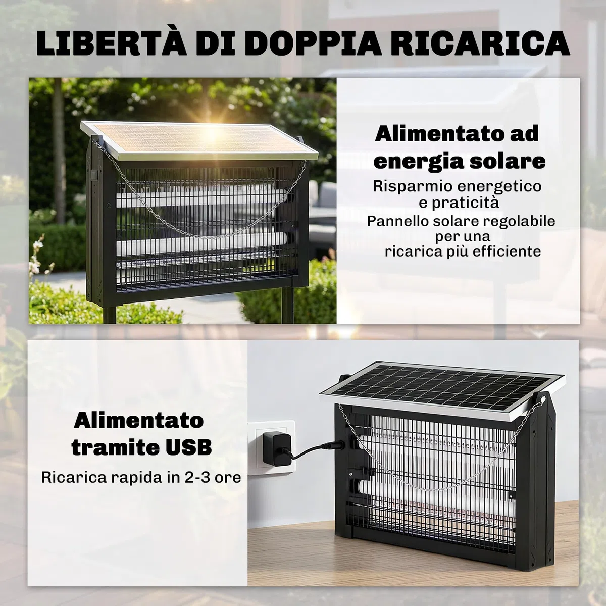 Outsunny Lampada Antizanzare da Esterno, Zanzariera a Energia Solare, Ricarica USB Interna, Luce Anti Insetti Elettroinsetticida con Rete di Protezione, 45x18x90 cm, Nero