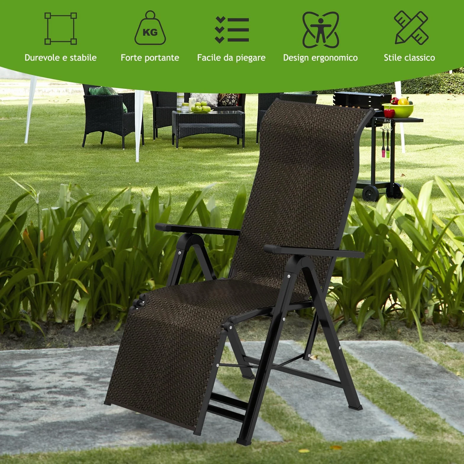 COSTWAY Sdraio da Giardino Pieghevoli in Rattan e Acciaio, Schienale Regolabile 10 Posizioni, Portata 113 kg, 2 Pezzi