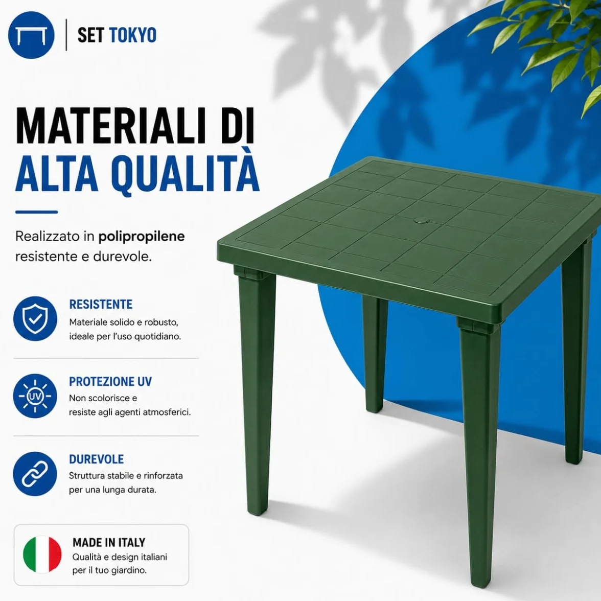Tomaino Set Tokyo Tavolo da Giardino con 4 Sedie Impilabili con Braccioli Polipropilene Verde
