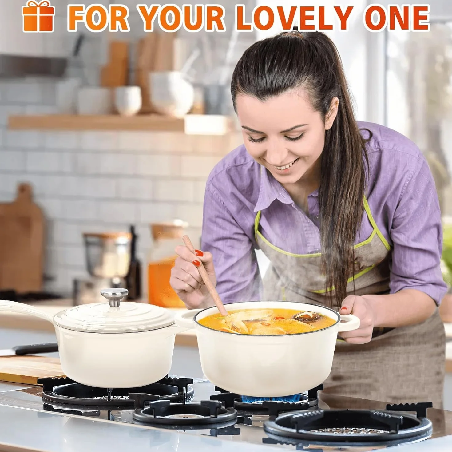 Denmay Set di pentole in ghisa smaltata – Set di 7 pezzi con forno olandese, padella, stufato, pentola per salsa con 3 coperchi, set da forno olandese, adatto per tutti i piani cottura, bianco crema