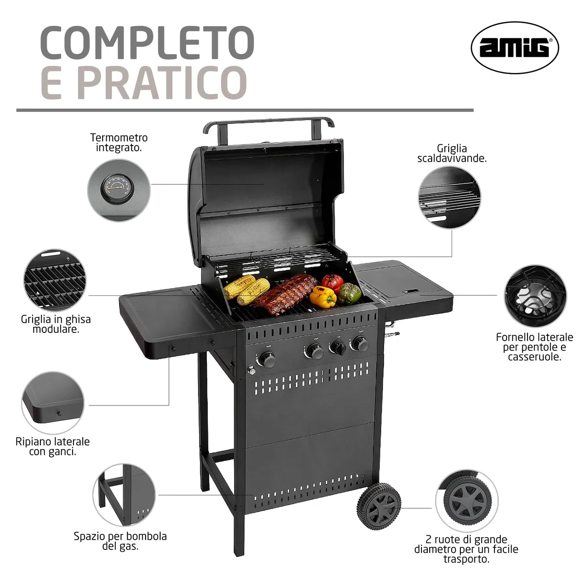 Amig Barbecue a gas IGNIS 3+1 117x55x110 cm Superficie cottura 54x38 cm Griglia ghisa Nero