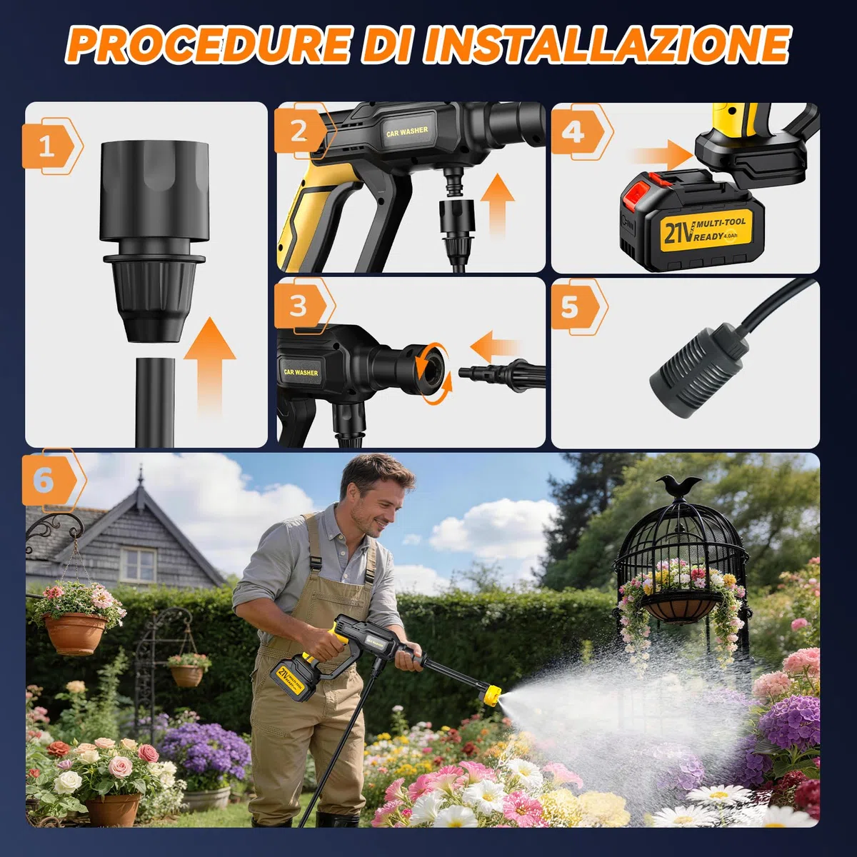 Idropulitrice a Batteria Portatile Professionale 5M Tubo Ugello 6 in 1 per Giardino Auto