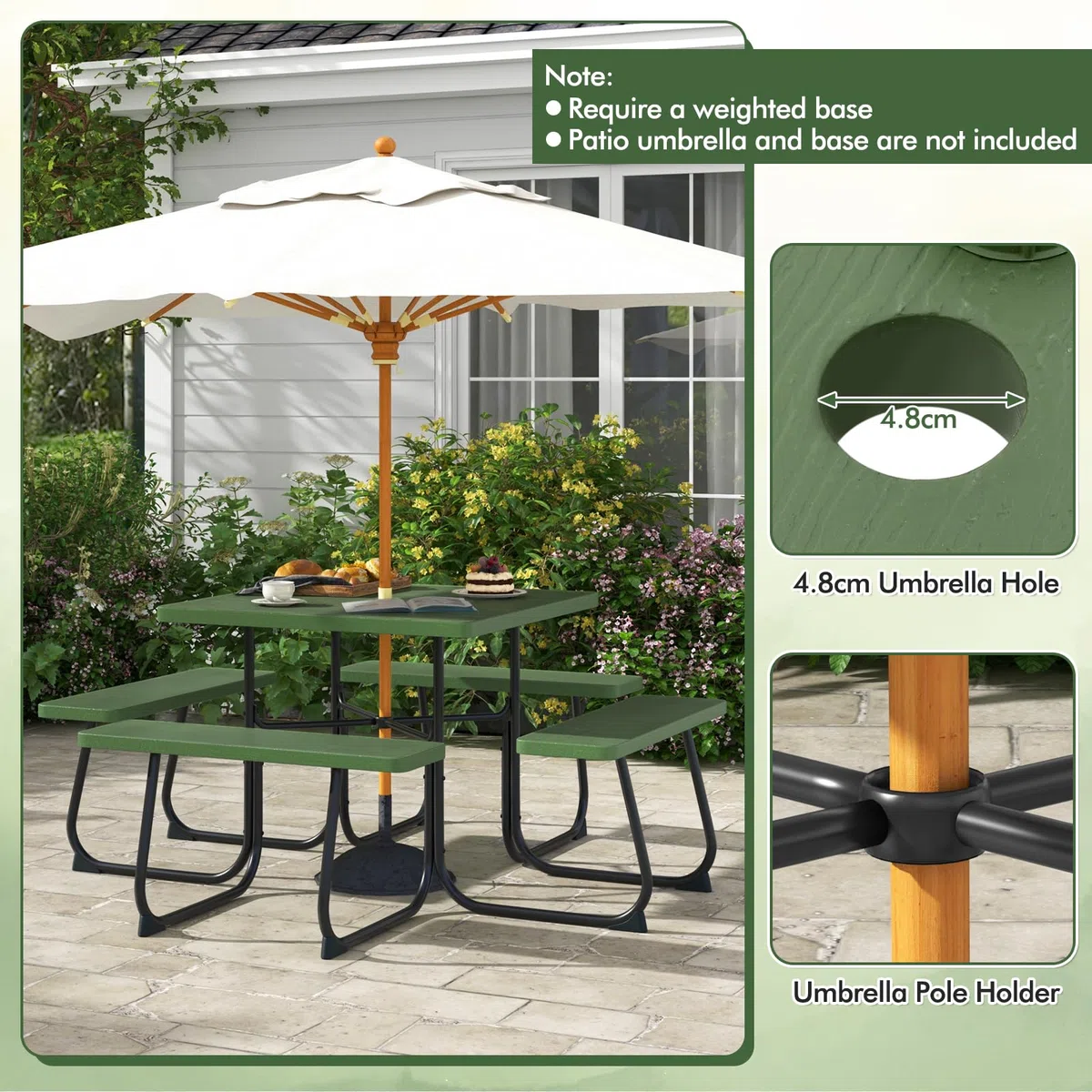 KOMFOTTEU Set Tenda da Birra, Tavolo con 4 Panche da Birra per 8 Persone, Set di Mobili da Giardino con Foro per Ombrellone, Set Tendone da Campeggio in HDPE, Telaio in Metallo (Verde)