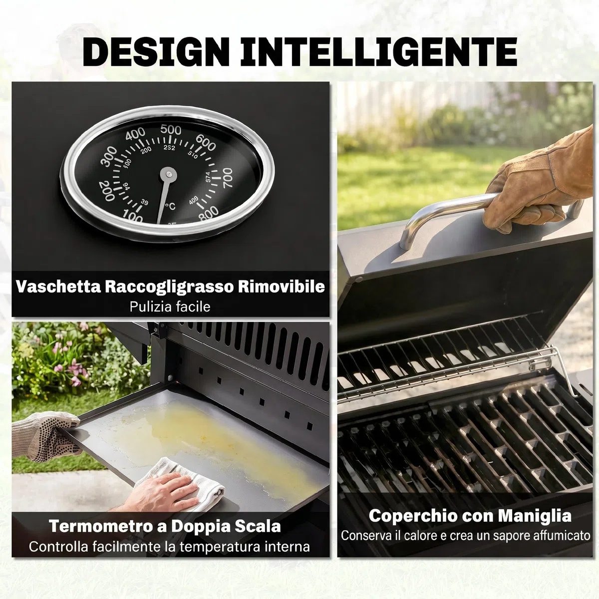 Outsunny Barbecue a Gas 4 Bruciatori 11.6kW Termometro Fornello Laterale Mensola 2 Ruote 110x50x100cm Nero