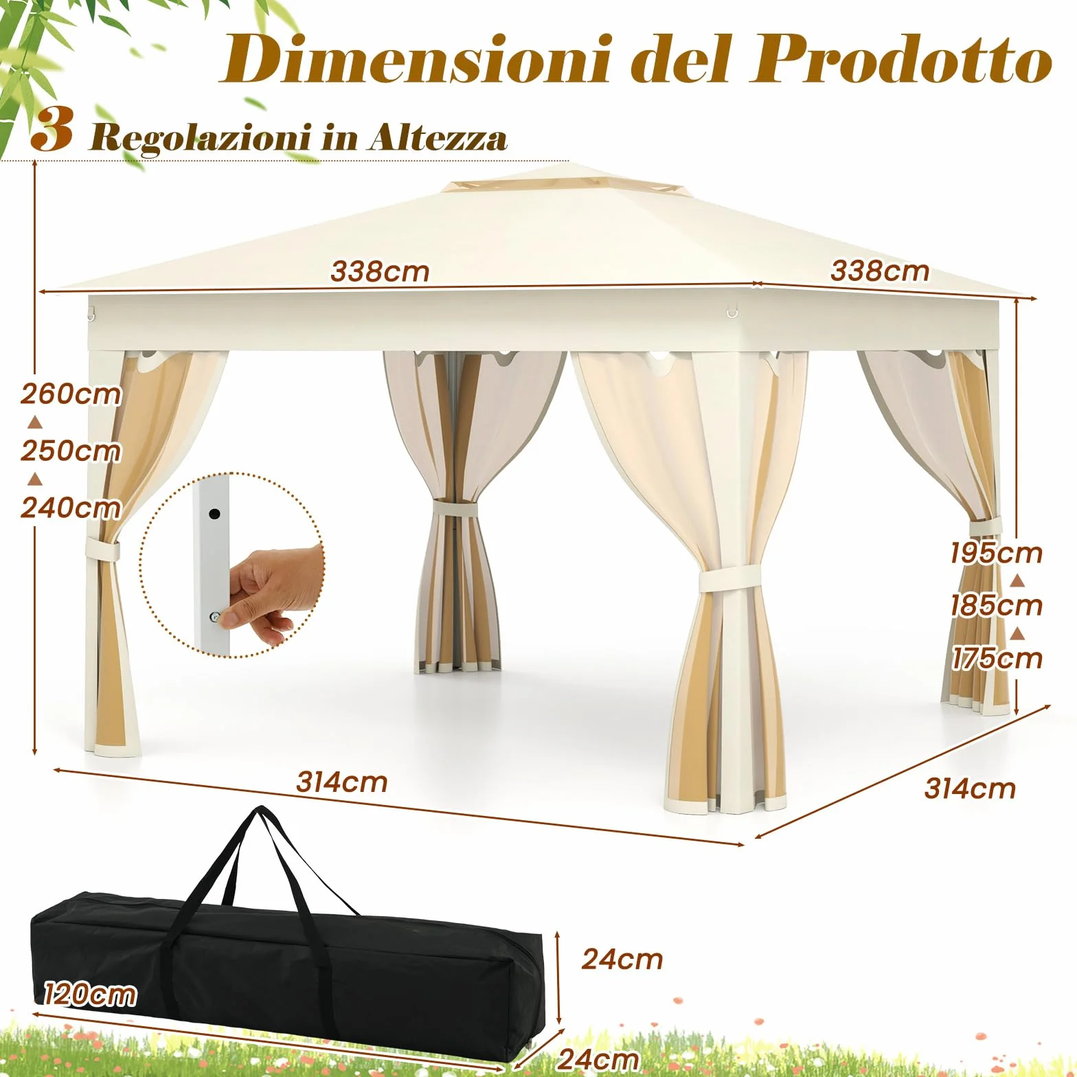 COSTWAY Gazebo Pieghevole 3,4 x 3,4 m con Zanzariera e Tende Laterali Tenda da Giardino Antivento 210D Beige