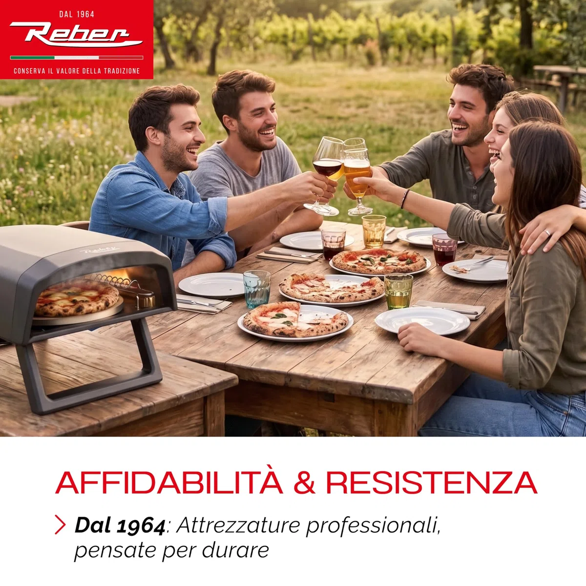PizzaReber Forno Pizza a Gas con Piatto Rotante 32 cm – Doppio Bruciatore GPL, Acciaio INOX, Alluminio – Cottura 500°