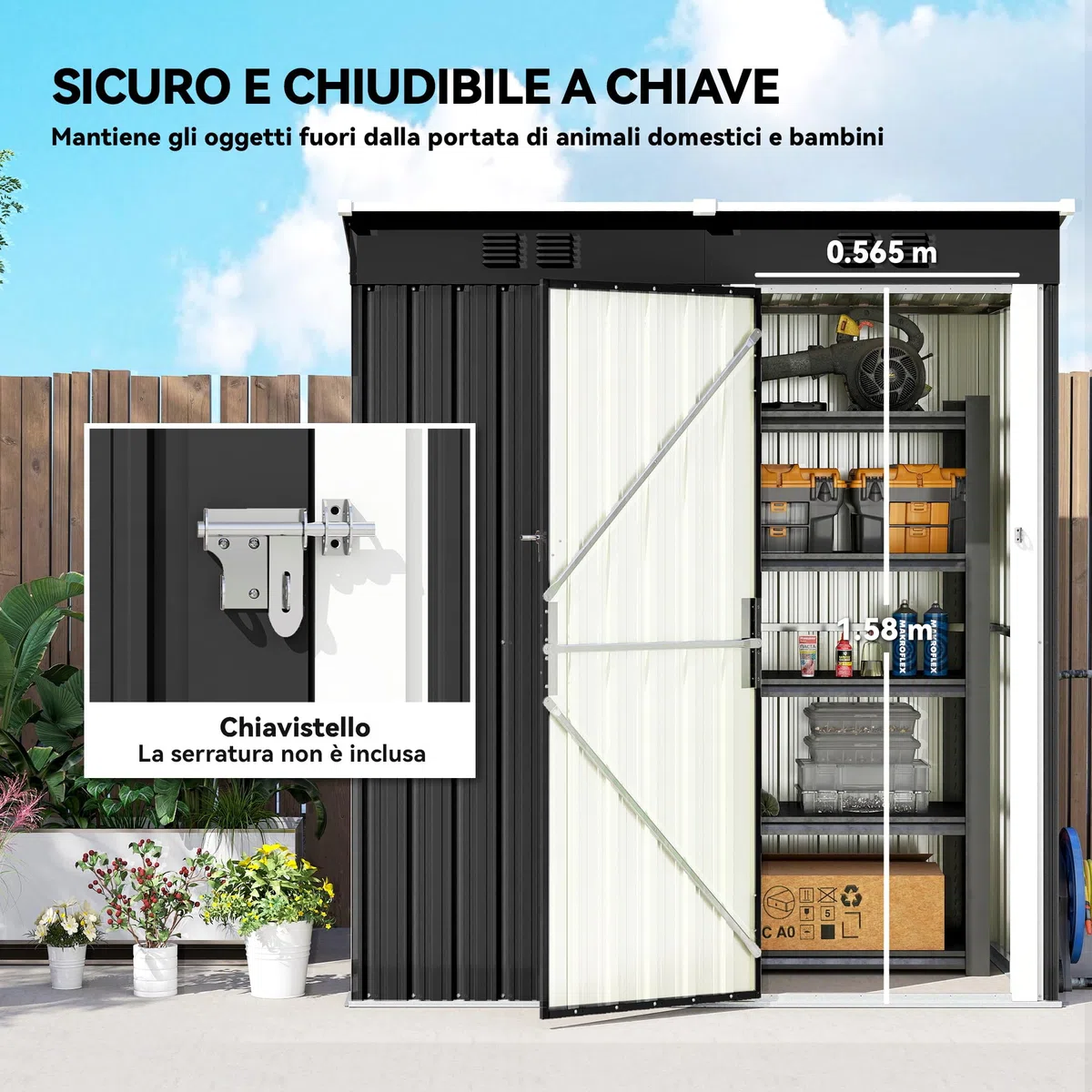 Outsunny Casetta da Giardino 1.37m² in Acciaio Zincato con Prese d'Aria, Capanno da Giardino con Porta Bloccabile, Tetto Inclinato, Guanti, Capanno Attrezzi da Esterno, 163x90x179 cm, Grigio Scuro