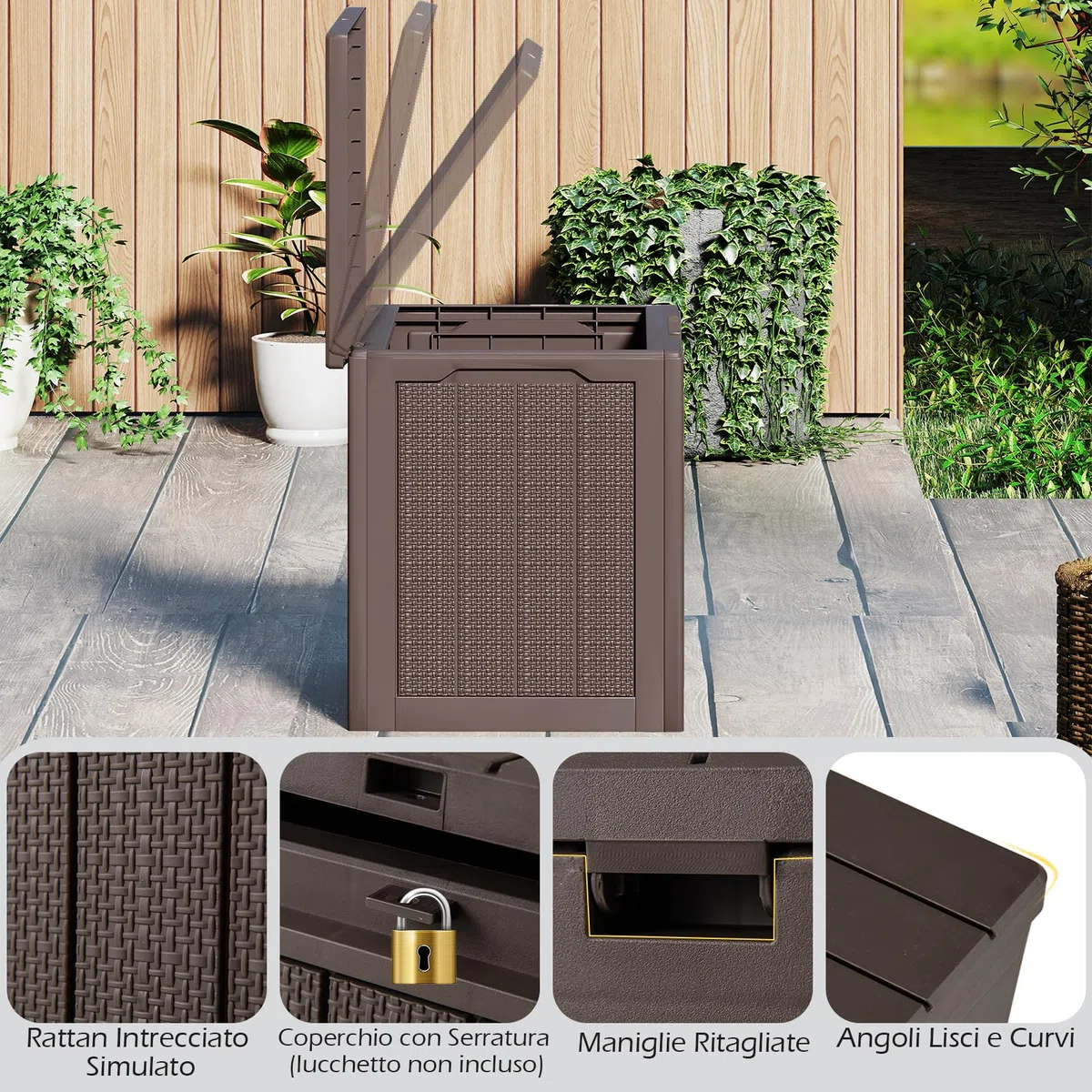 COSTWAY Baule da Esterno 106 L, Cassapanca Contenitore Impermeabile con Coperchio Bloccabile e Maniglie Laterali, per Giardino, Terrazzo e Cortile, 56 x 41 x 50,5 cm (Marrone)