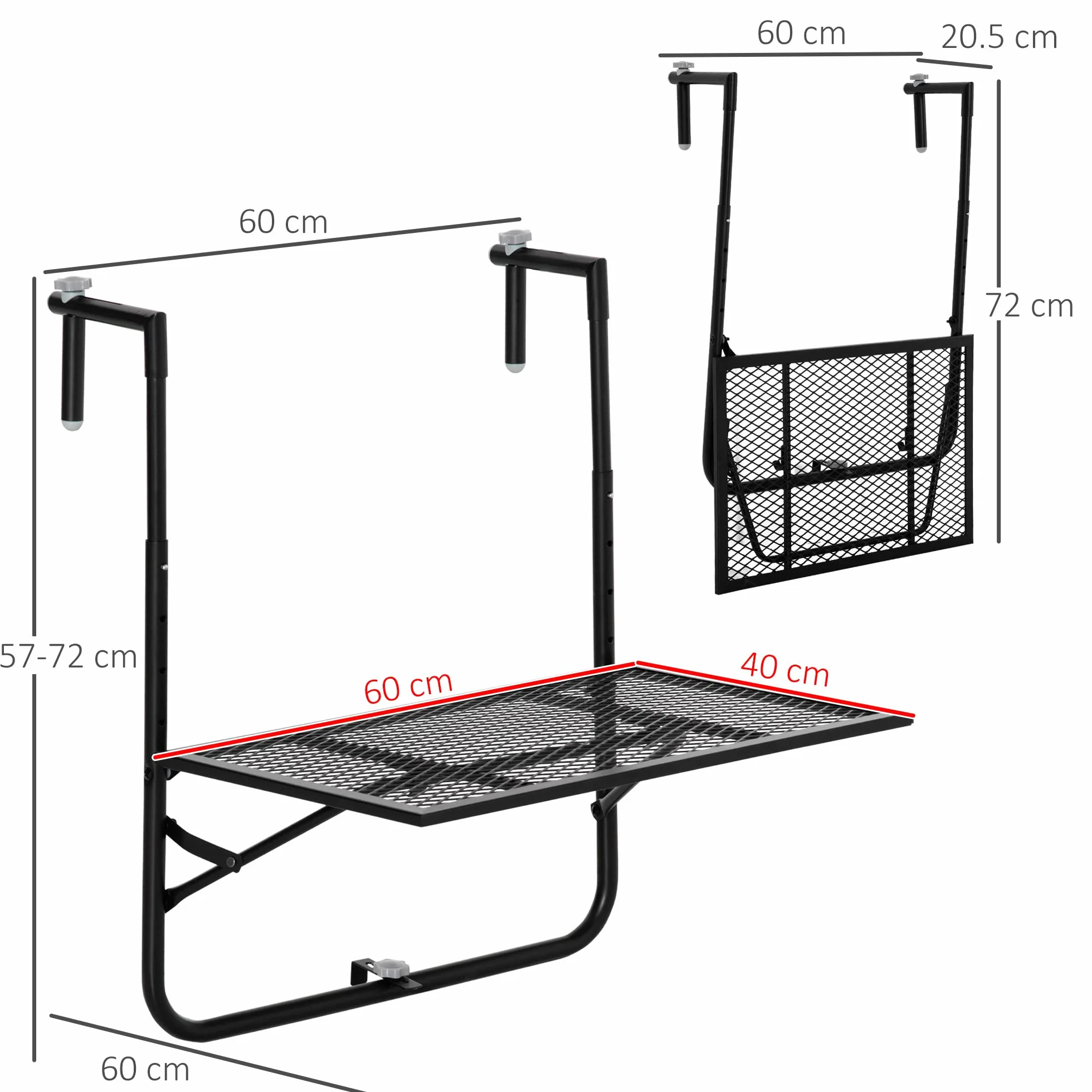 Outsunny Tavolo da Ringhiera Pieghevole in Metallo, 60x60x57-72cm, Nero