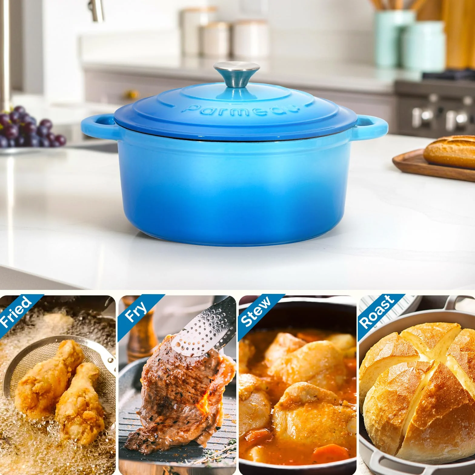 Parmedu Forno olandese in ghisa smaltata 5,5 litri con coperchio doppia maniglia blu oceano