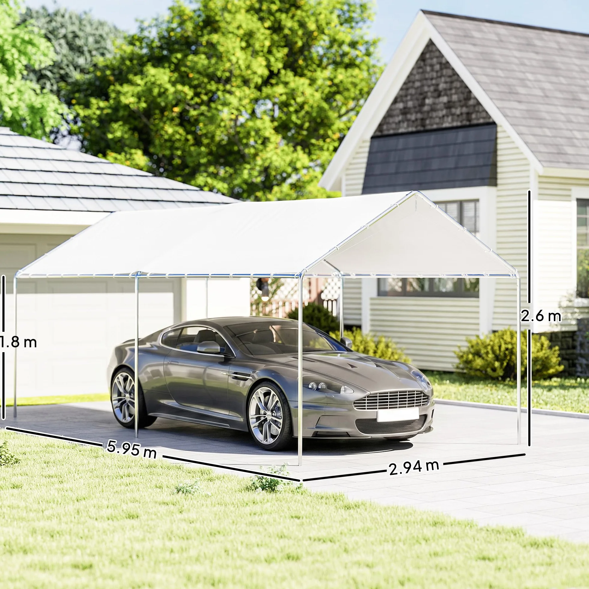 Outsunny Gazebo Copertura per Auto 6x3m Acciaio Zincato Bianco
