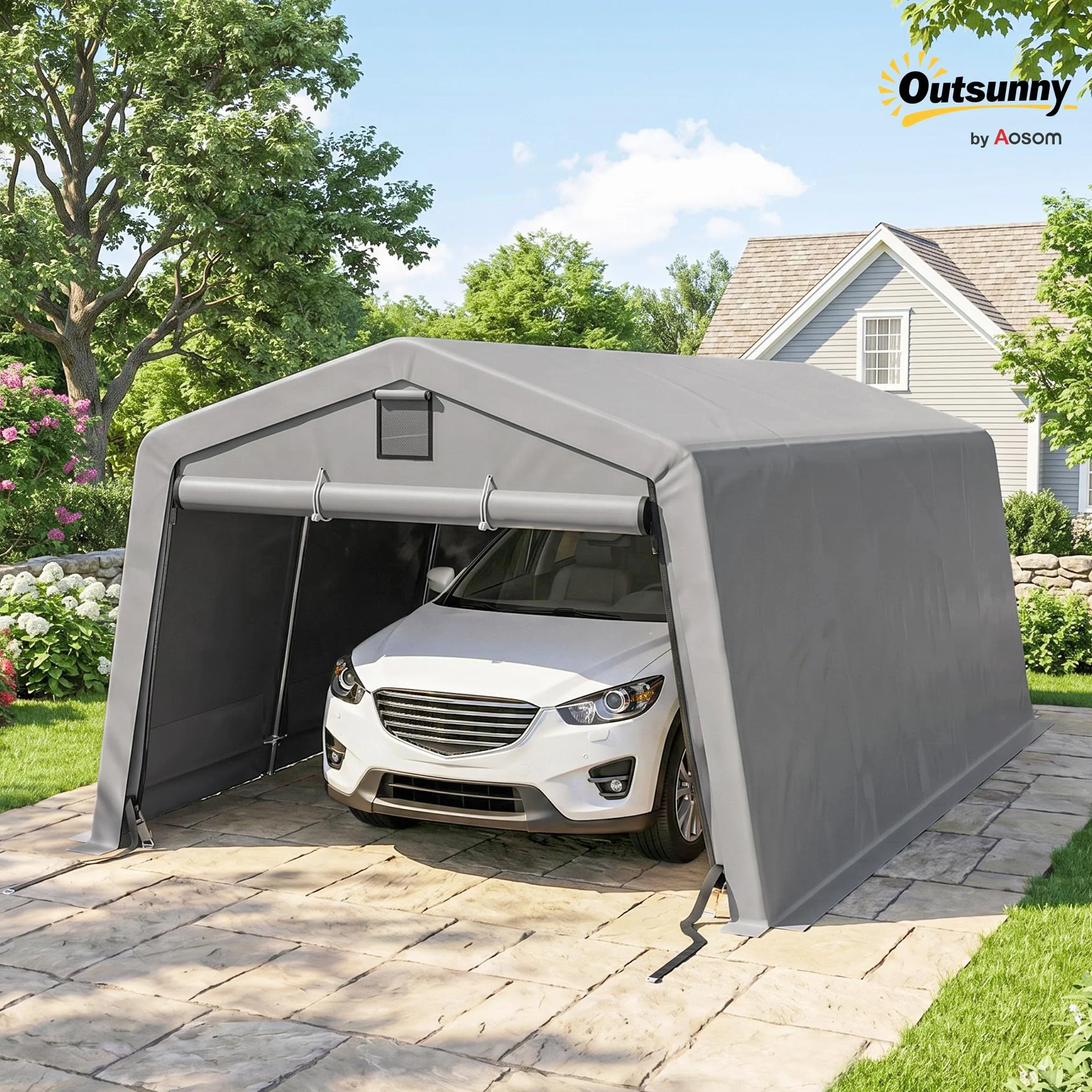 Outsunny Tendone da Giardino per Auto in Acciaio Zincato e PE 618x265/330x240 cm Grigio Chiaro