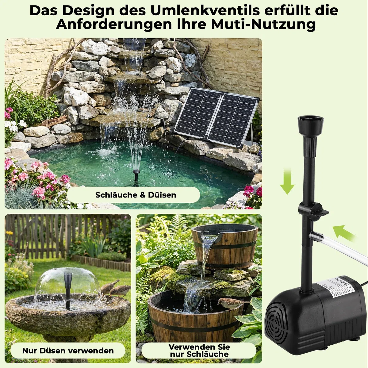Clevich 35W Pompa Solare per Laghetto, 280 L/H, Massima 220 cm,per Stagni Grandi (8-15 m²), Pannello in Vetro 100% e Motore Senza Spazzole,4+4 Ugelli e 2Filtri,Cavo 5m,Set Specifico per Fontane Stagni