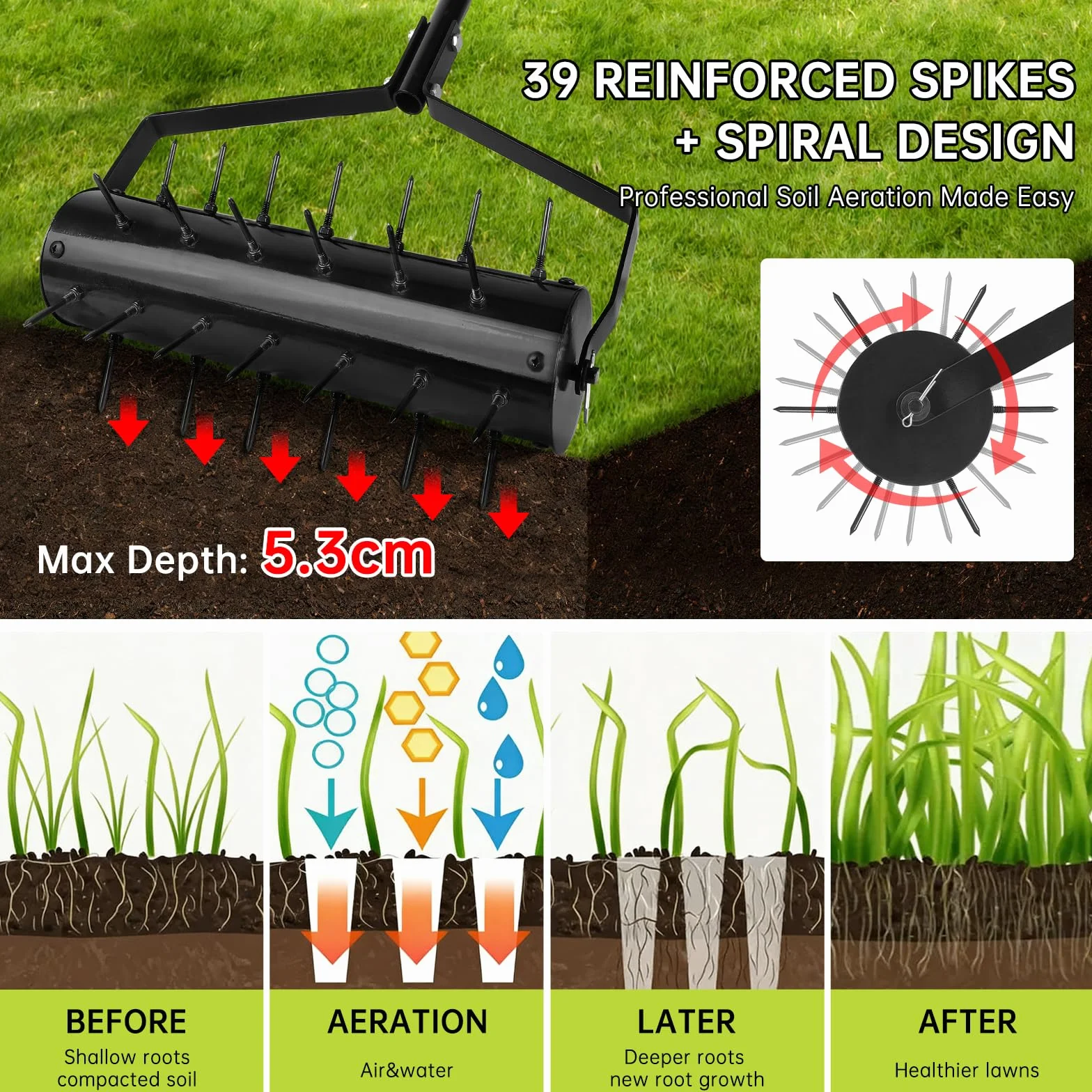 Arieggiatore Manuale a Rullo per Prato 44 x 141 cm – Verticutatore a Mano con 39 Punte (5,8 cm) e Manico – Rullo Arieggiatore – Diserbante per Giardino, Cortile, Terrazza