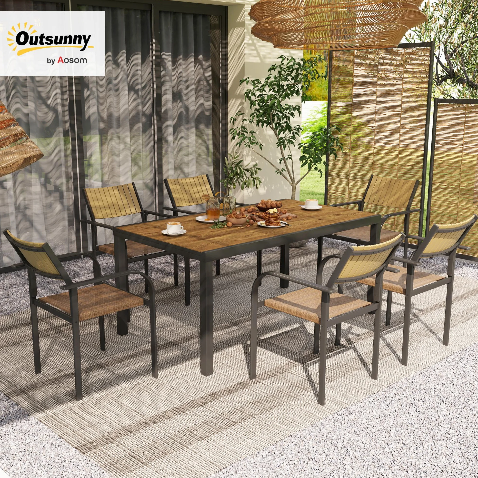 Outsunny Set Tavolo da Giardino Allungabile 7 Pezzi con Sedie Impilabili, Acciaio e Textilene, Marrone