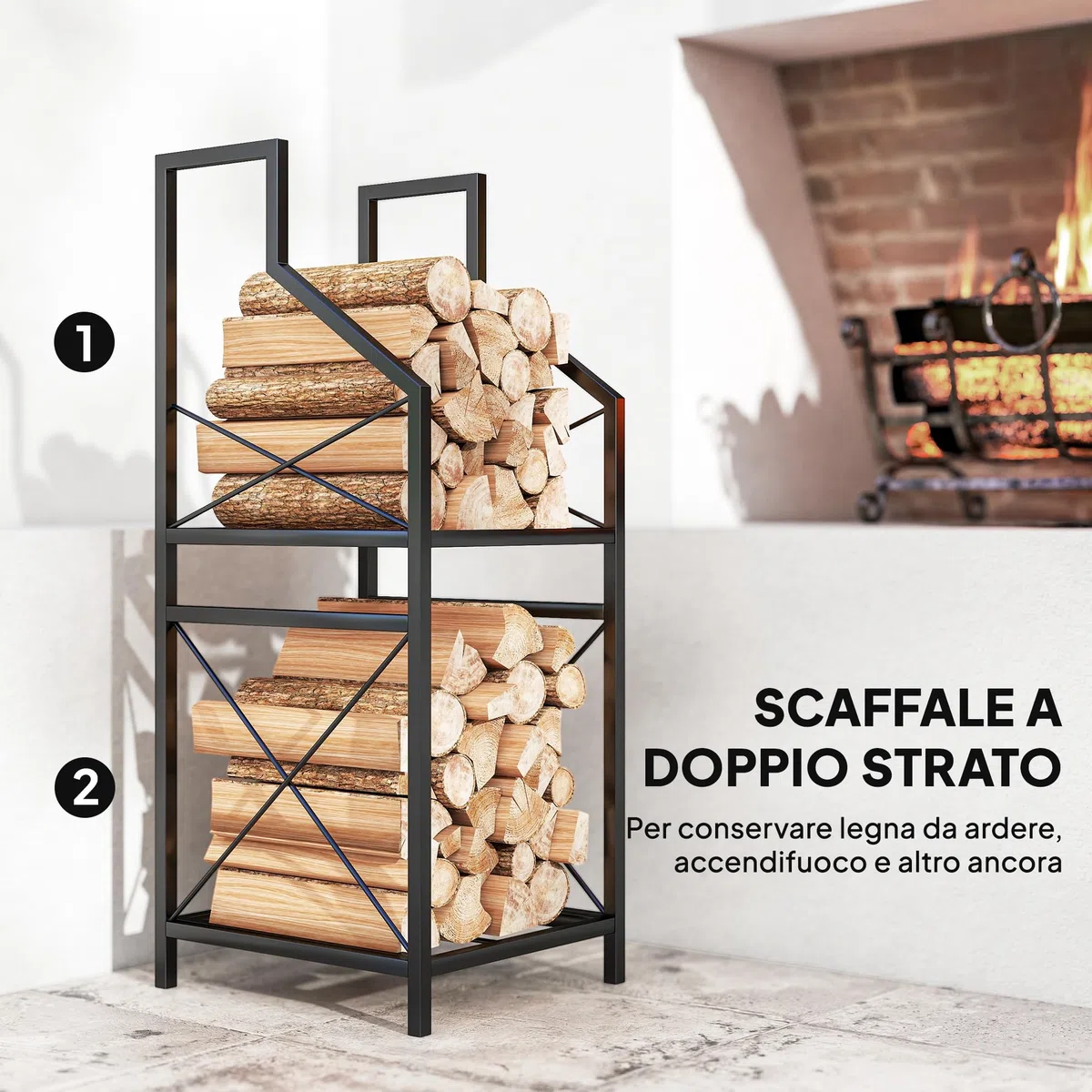Outsunny Portalegna da Interno Rialzato a 2 Livelli, Legnaia in Metallo 60 kg, 34x30x80 cm, Nero