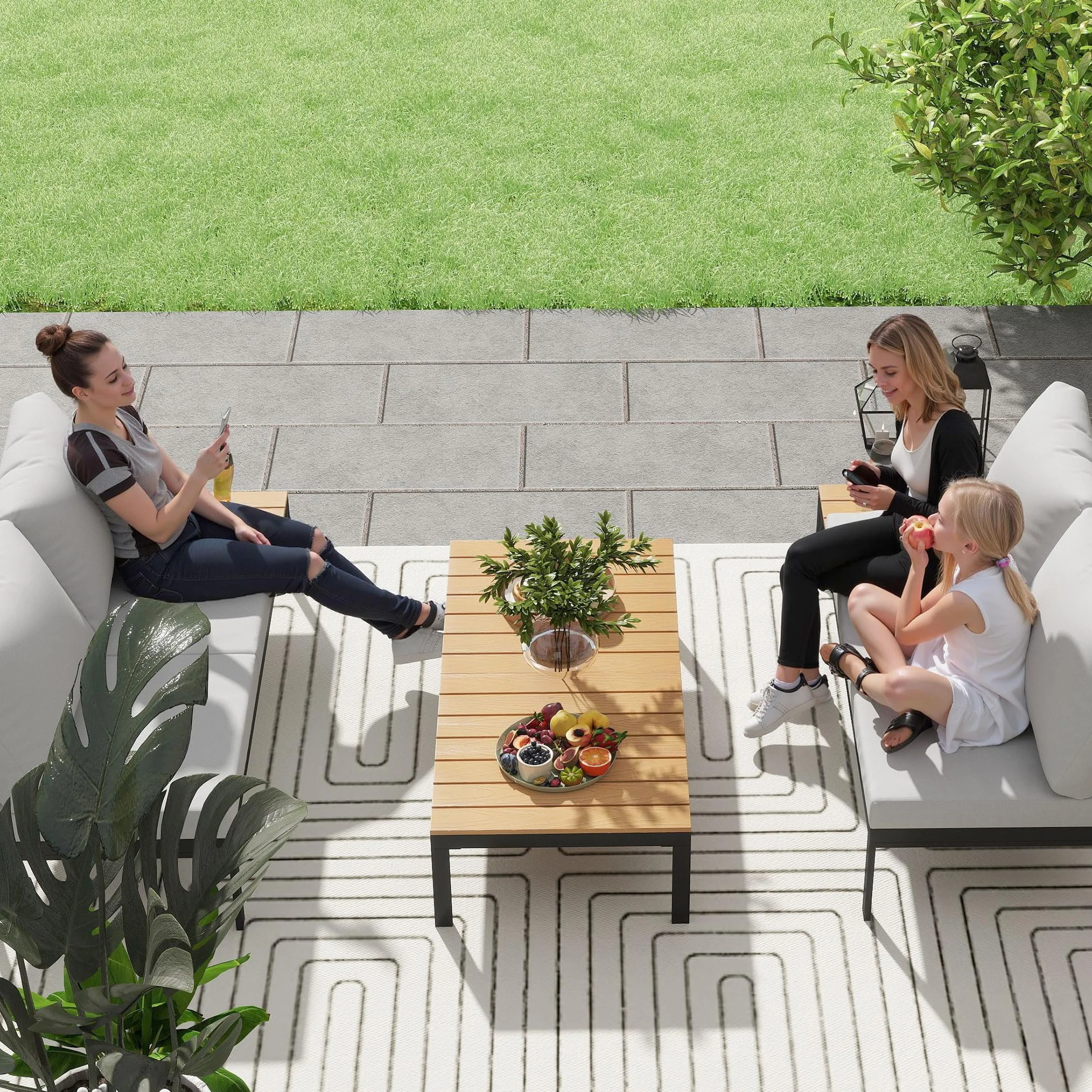 Outsunny Set Salotto da Giardino 4 Pezzi, 2 Divanetto 2 Posti, 2 Tavolini Caffè Quadrati, Legno e Cuscini Sfoderabili, Metallo e Legno Composito, Teak
