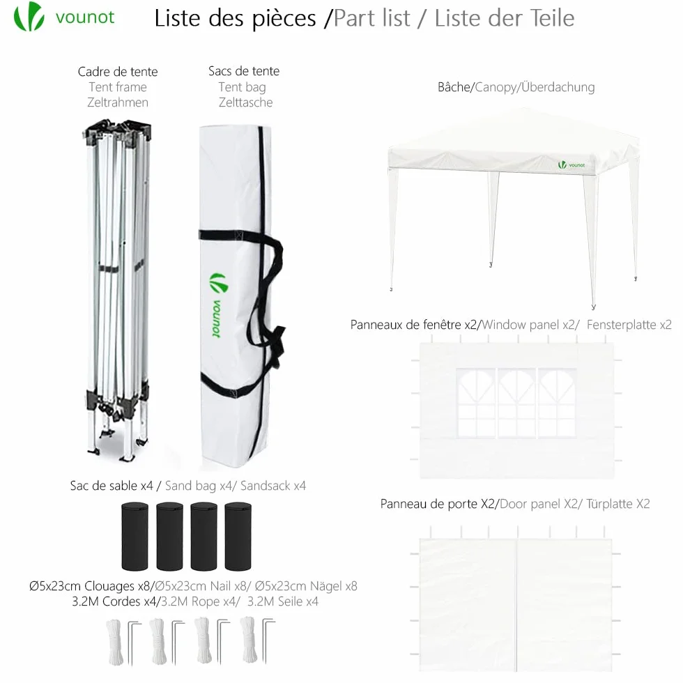 VOUNOT® Gazebo 3x3m Pieghevole con 4 Parti Laterali, Bianco