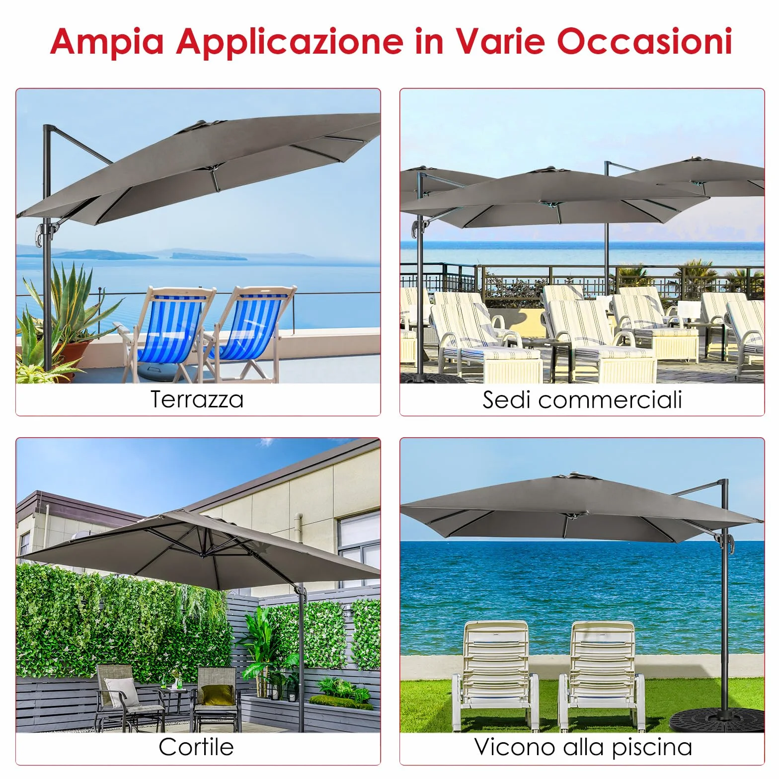 COSTWAY Ombrellone da Giardino 300x300cm 3 Inclinazioni Rotazione 360° Manovella 8 Stecche Base Incrociata Grigio