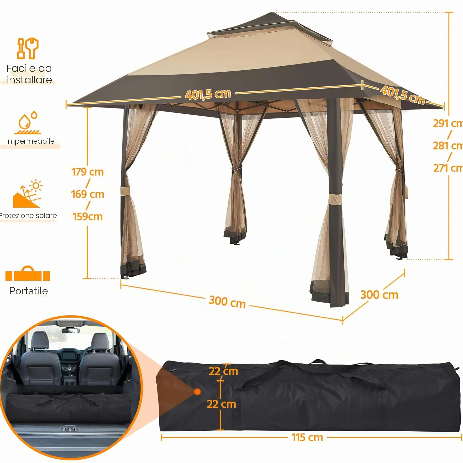 Yaheetech Gazebo da Giardino 4x4 m con Zanzariera Struttura in Metallo Doppio Tetto Kaki