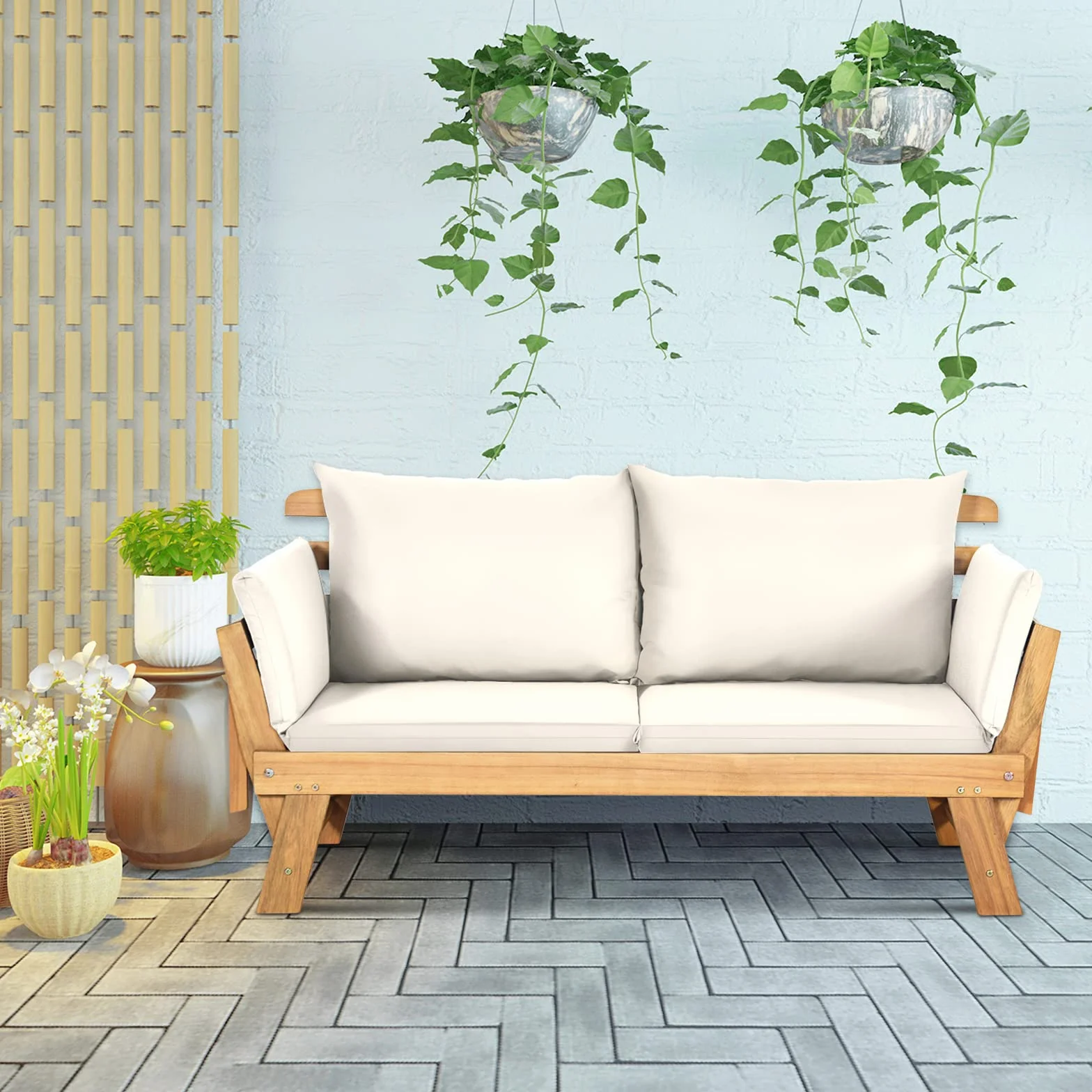 KOMFOTTEU Divano Esterno Giardino 2 Posti, 2 in 1 con Cuscino Morbido, Divanetto da Esterno in Legno di Acacia con Braccioli Regolabili, Sdraio per Terrazza e Cortile, 198/157 x 75 x 75 cm (Bianco)