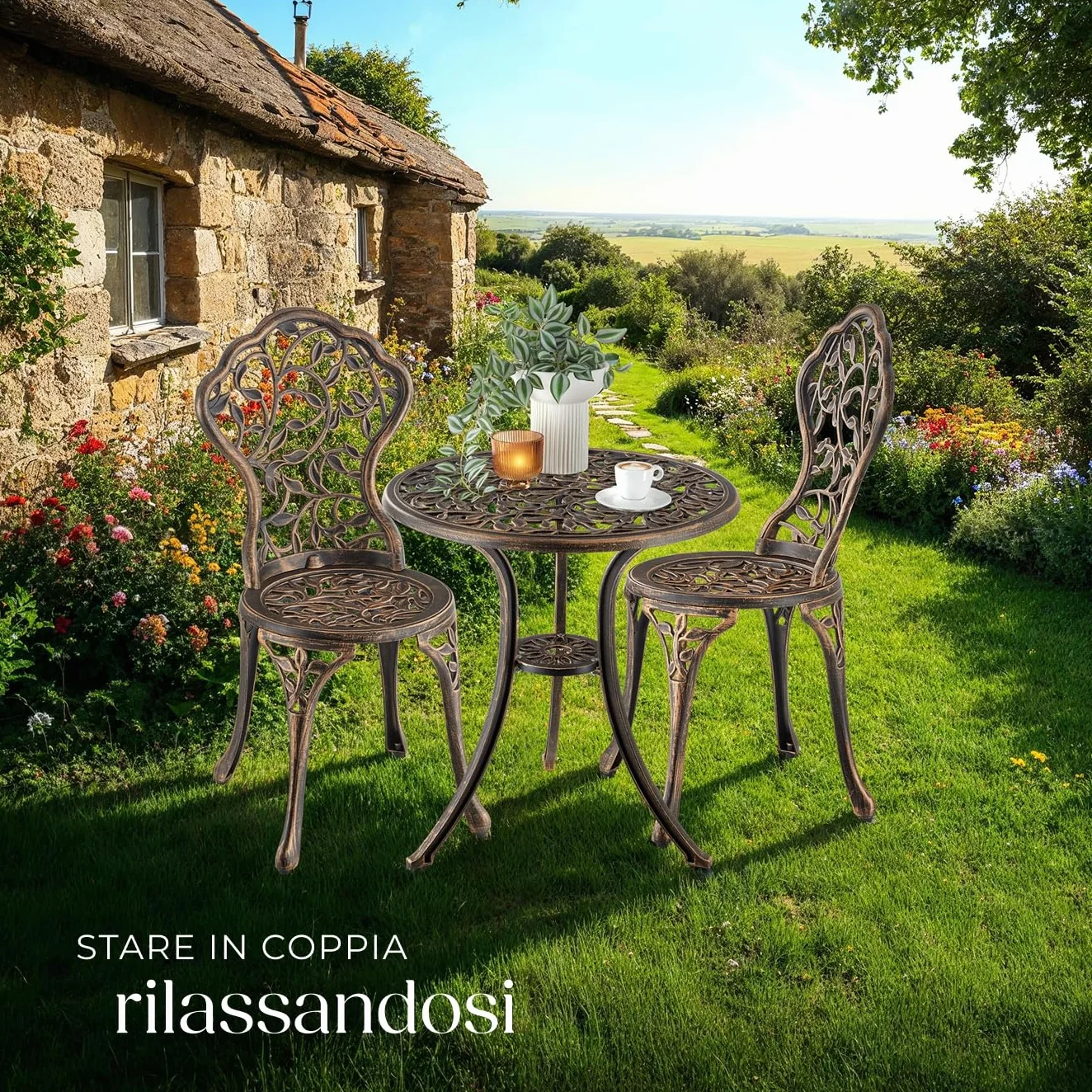 Tectake Bistrot Set per 2 Persone, Tavolo e Sedie da Giardino in Alluminio, Motivo Foglia Vintage