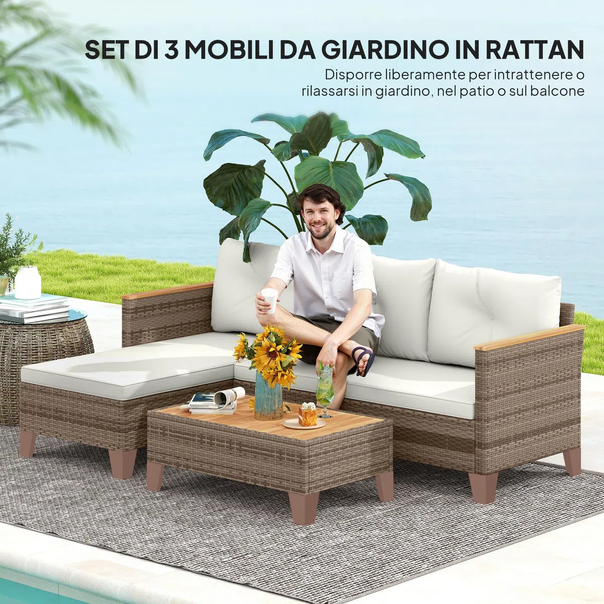 Outsunny Set di Mobili da Giardino in Rattan 3 Pezzi, Salotto da Esterno con Divano a 2 Posti, Chaise Longue, Tavolino da Caffè in Vetro e Cuscini Lavabili, Struttura in Acciaio, Cachi/Crema