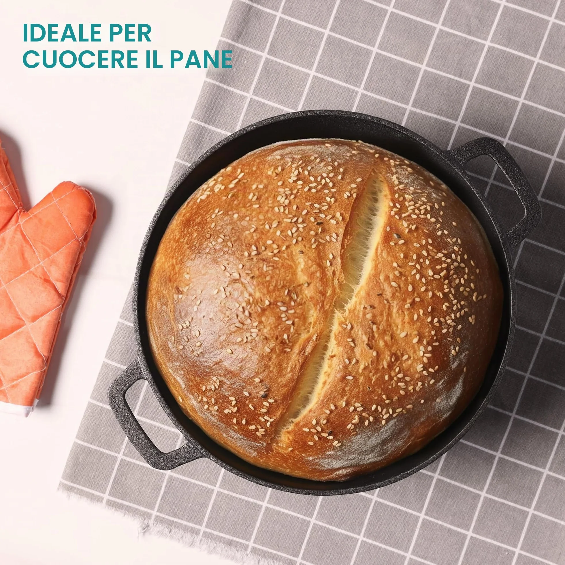Navaris Pentola in Ghisa da Forno con Coperchio - Pentole e Padelle per Cuocere il Pane - Forno Olandese 4,7 l Ø 26 cm - Casseruola 2 Manici 2-in-1 - per Ogni Piano Cottura - Nero
