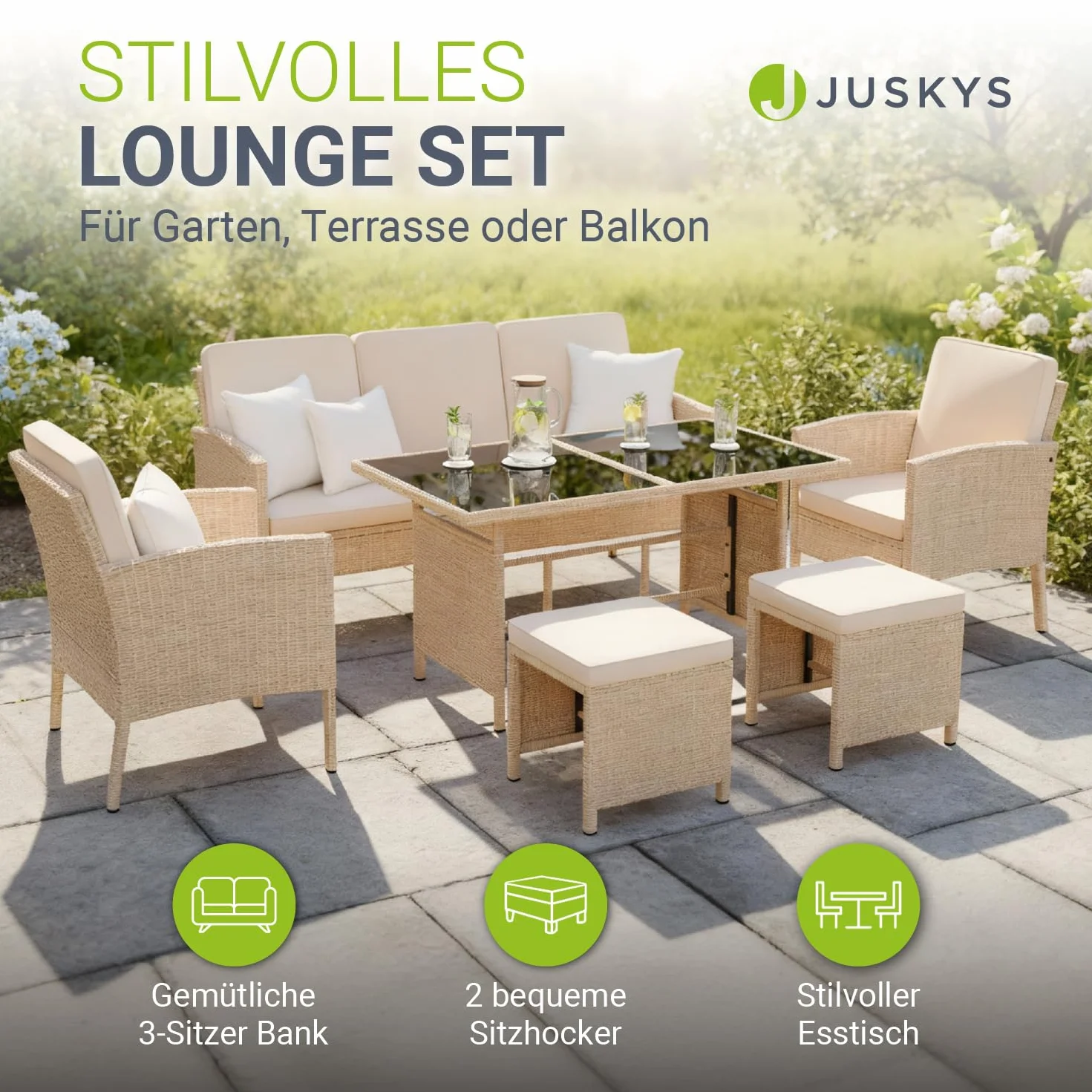 Juskys Salotto da Giardino Rattan Torino Set 6 pezzi 7 persone Crema