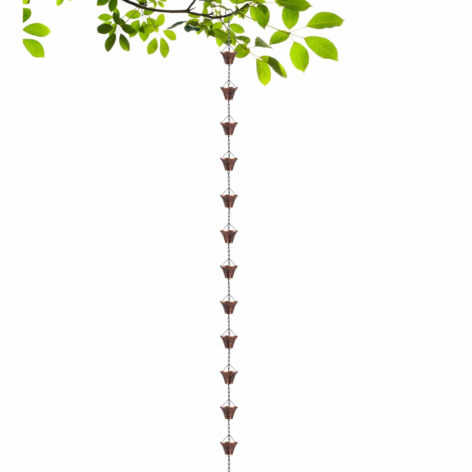 Catene da pioggia per grondaie, estensione decorativa per scarico del pluviale, 2,7 m, in rame, 12 tazze, per esterni, giardino, tetto, gazebo, albero