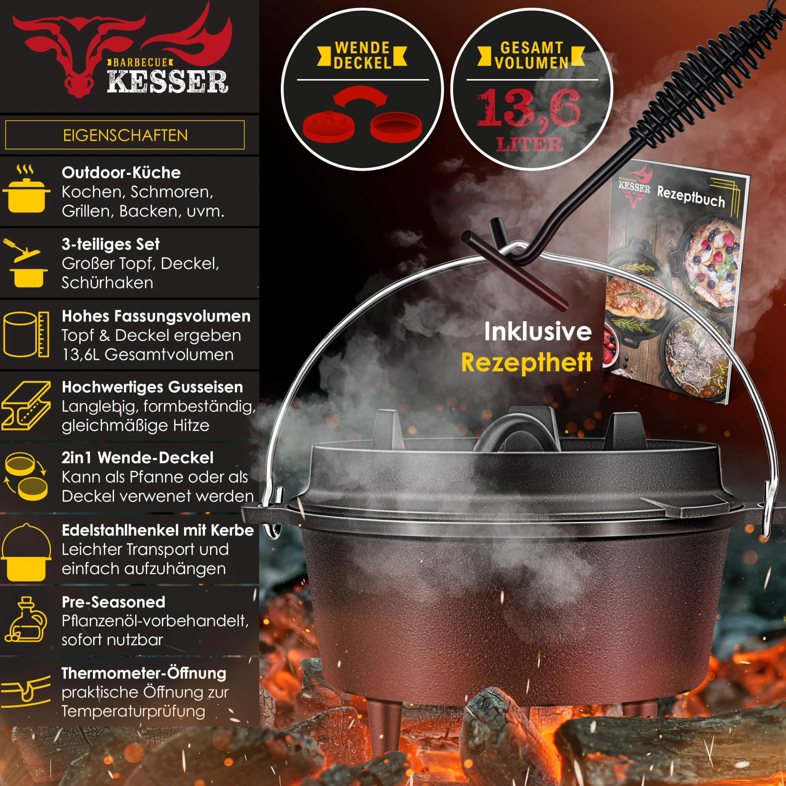 KESSER® Set forno olandese, Casseruola per barbecue, pentola in ghisa con manico per sollevare il coperchio e fessura per termometro, per barbecue, pentola per gulasch, uso esterno e interno