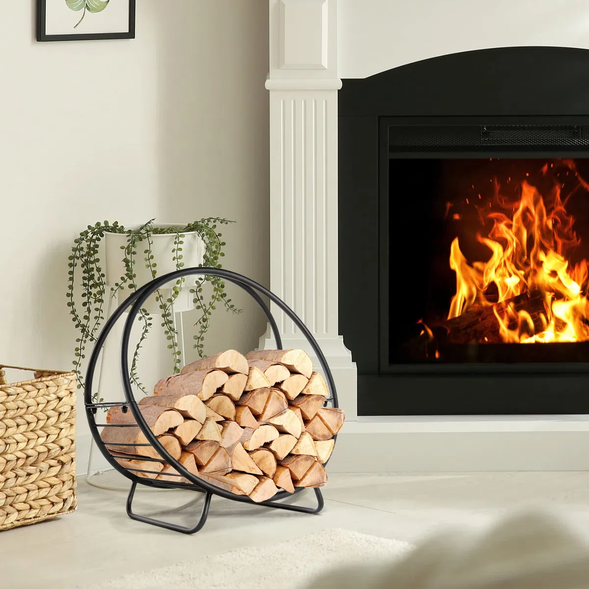 Outsunny Portalegna in Metallo per Camino, Porta Legna a Cesto, 45x29.5x47cm, Nero