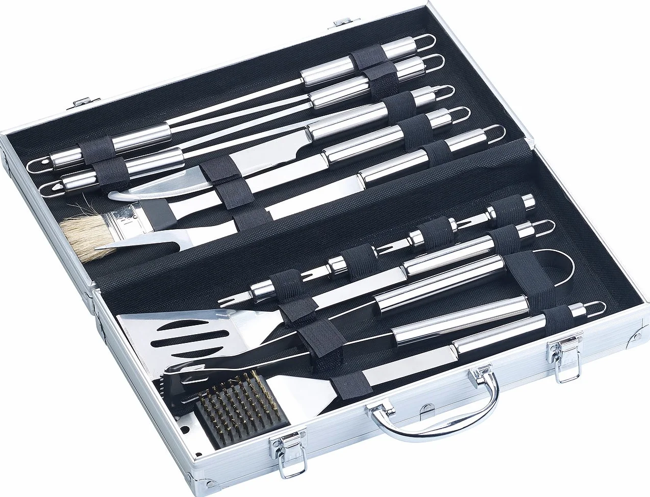 Rosenstein & Söhne Giardino e Giardinaggio Set 14 Pezzi Barbecue Utensili Acciaio Inossidabile Valigia Alluminio Spazzola Pulizia Grill