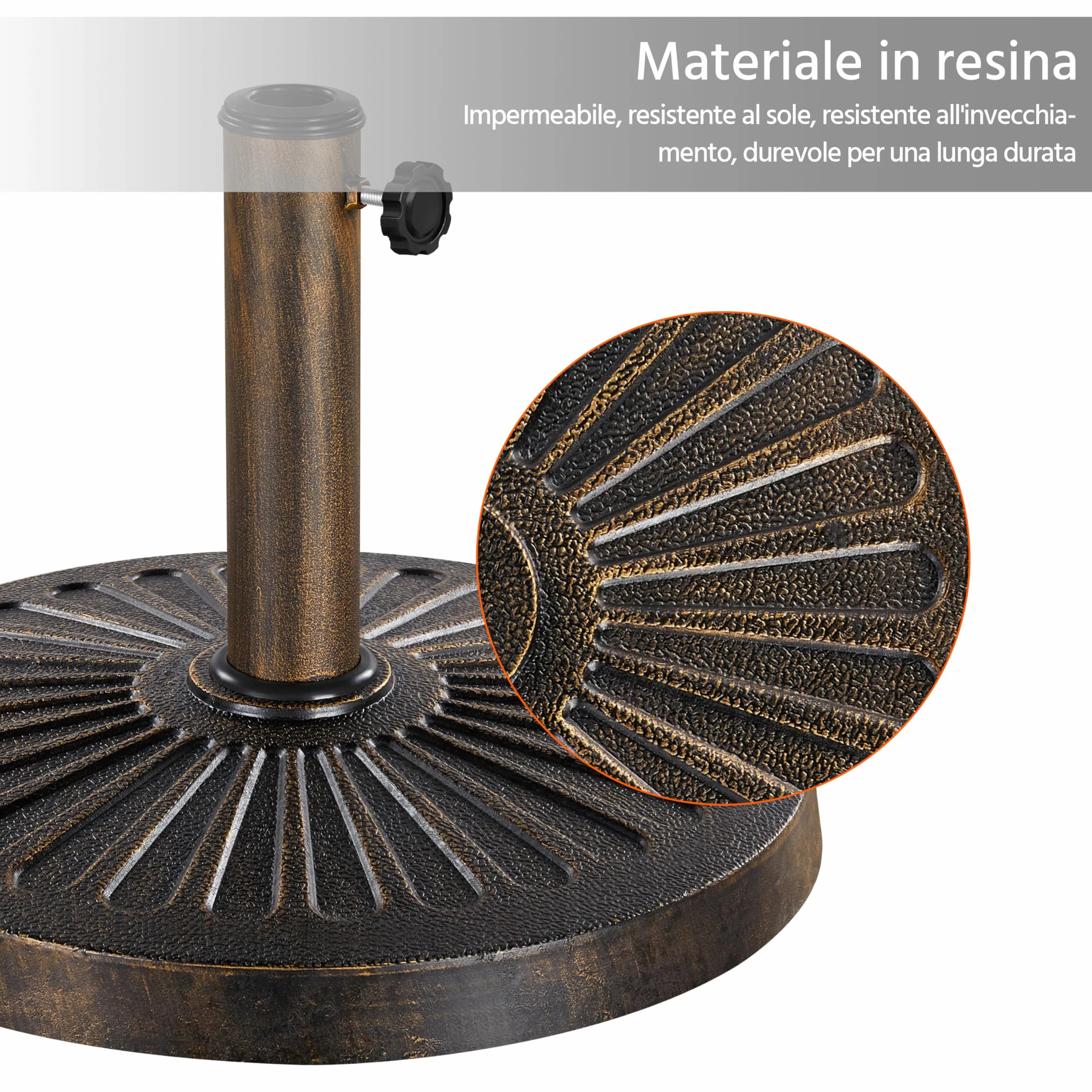 Yaheetech Base per Ombrellone da Giardino in Resina e Metallo Supporto 12 kg per Pali da Ø38mm o Ø48mm con Manopola per Esterno Veranda Terrazza Piscina Spiaggia Patio, Bronzo