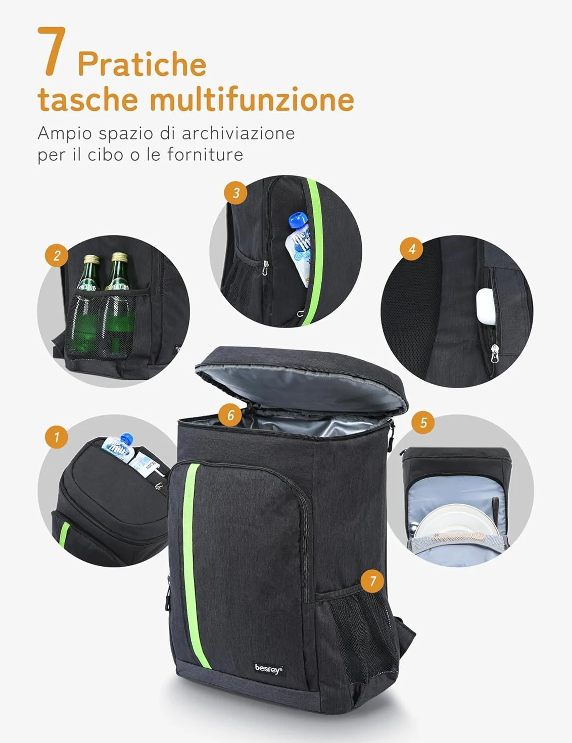 Besrey Zaino Termico 30 Litri Borsa Termica Mantiene Cibi Caldi o Freddi Nero