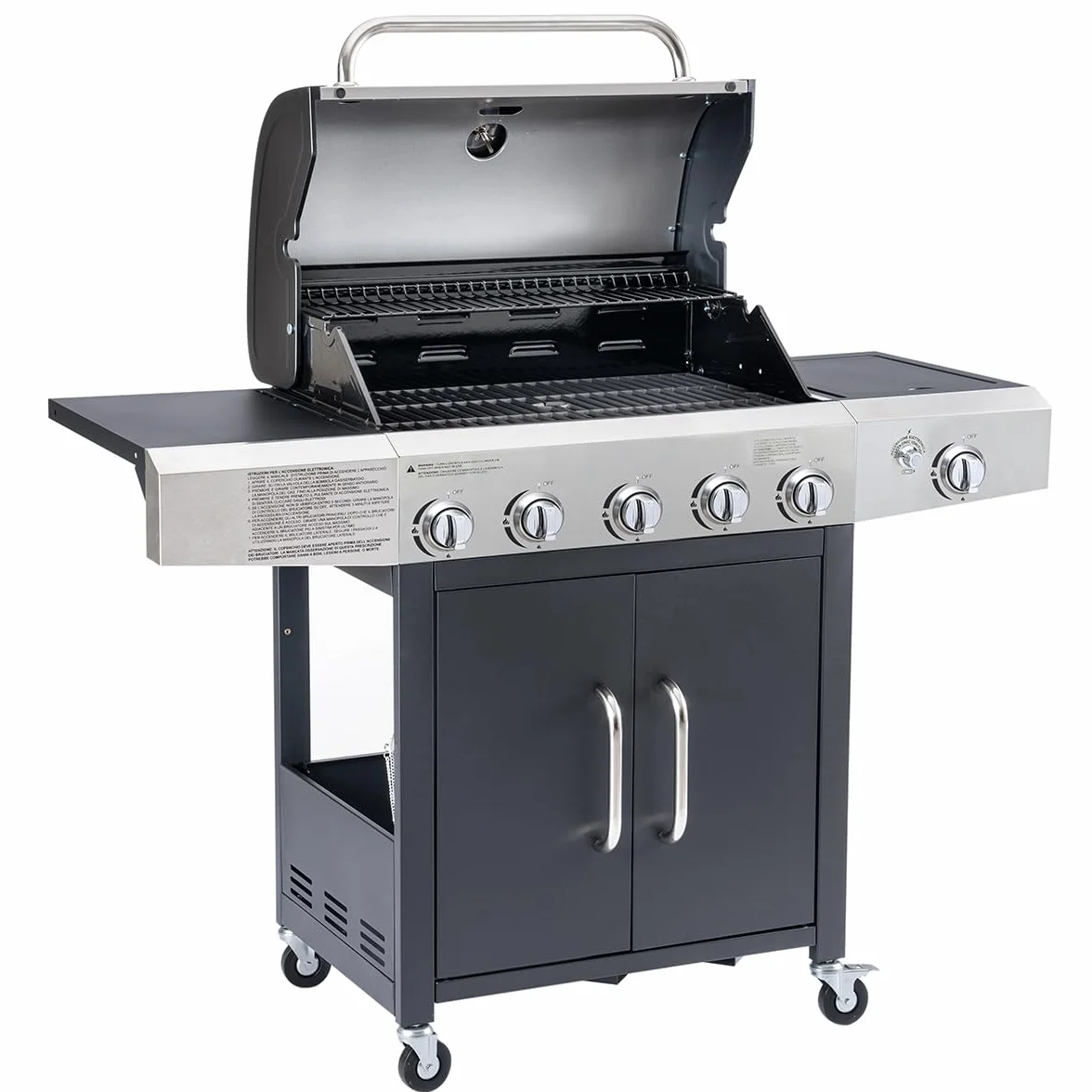 Arsard Barbecue a Gas Professionale XXL 6 Fuochi 19 KW con Bruciatore Laterale Griglia Ghisa Acciaio Inox