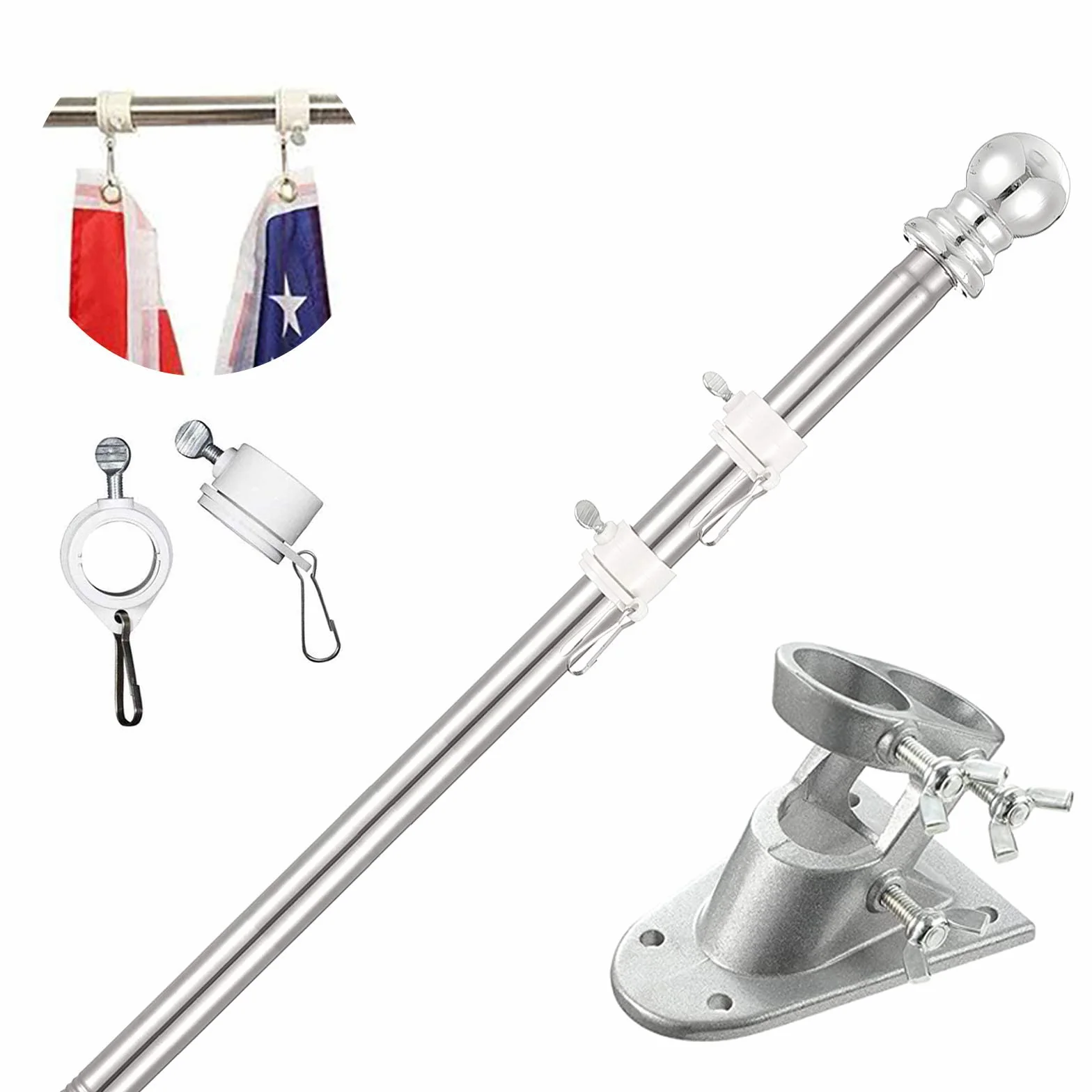 Asta Bandiera Alluminio Argento 180cm con Staffa Acciaio Inossidabile Set Pennone Montaggio Parete Regolabile