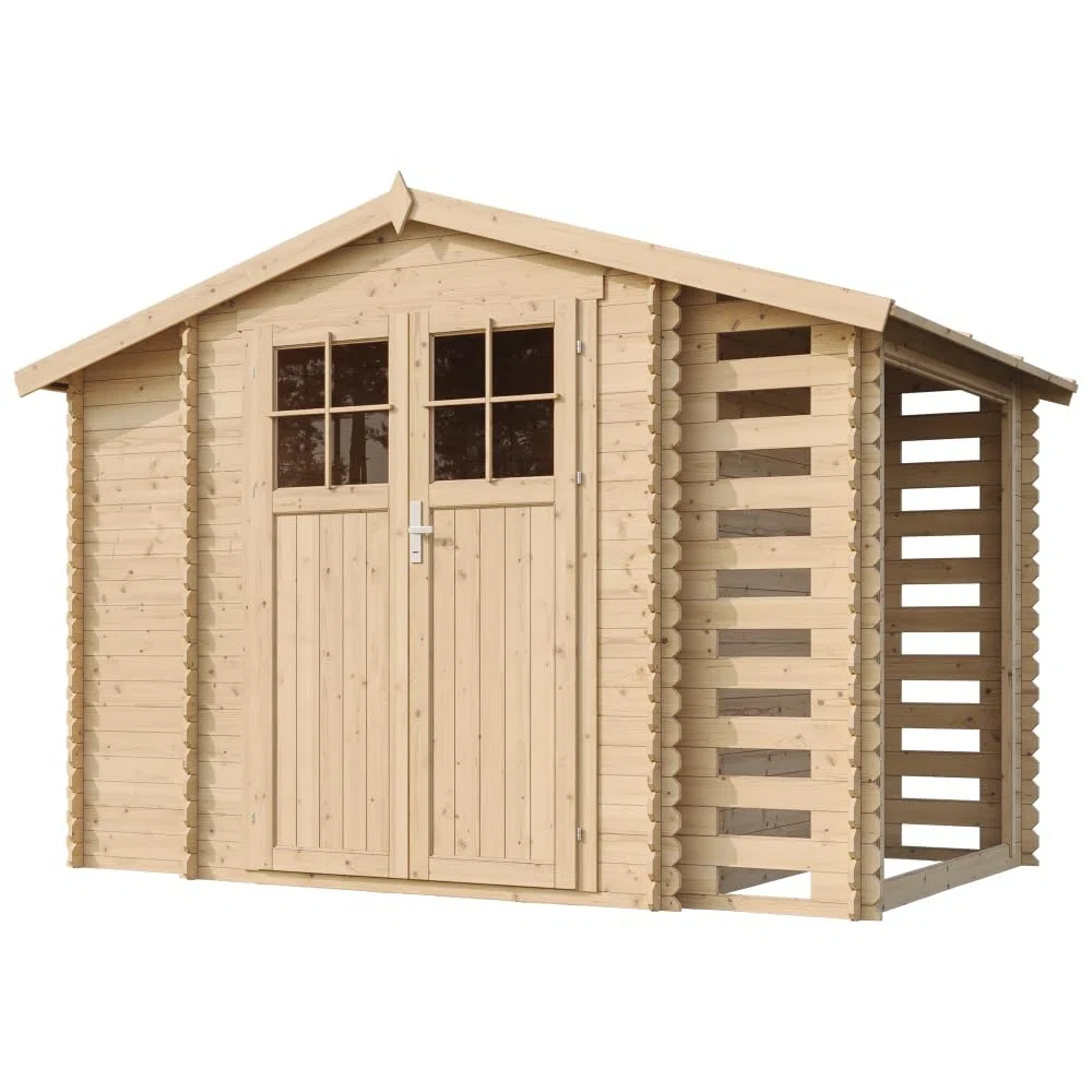 TIMBELA M389F+M389G Casetta da Giardino in Legno per Esterni con legnaia CON PAVIMENTO TRATTATO- L206xL328xA218 cm/ 3,53 + 0,97+0,97 m2 - Piccola Casetta in Legno, Rimessa Attrezzi, Deposito Bici